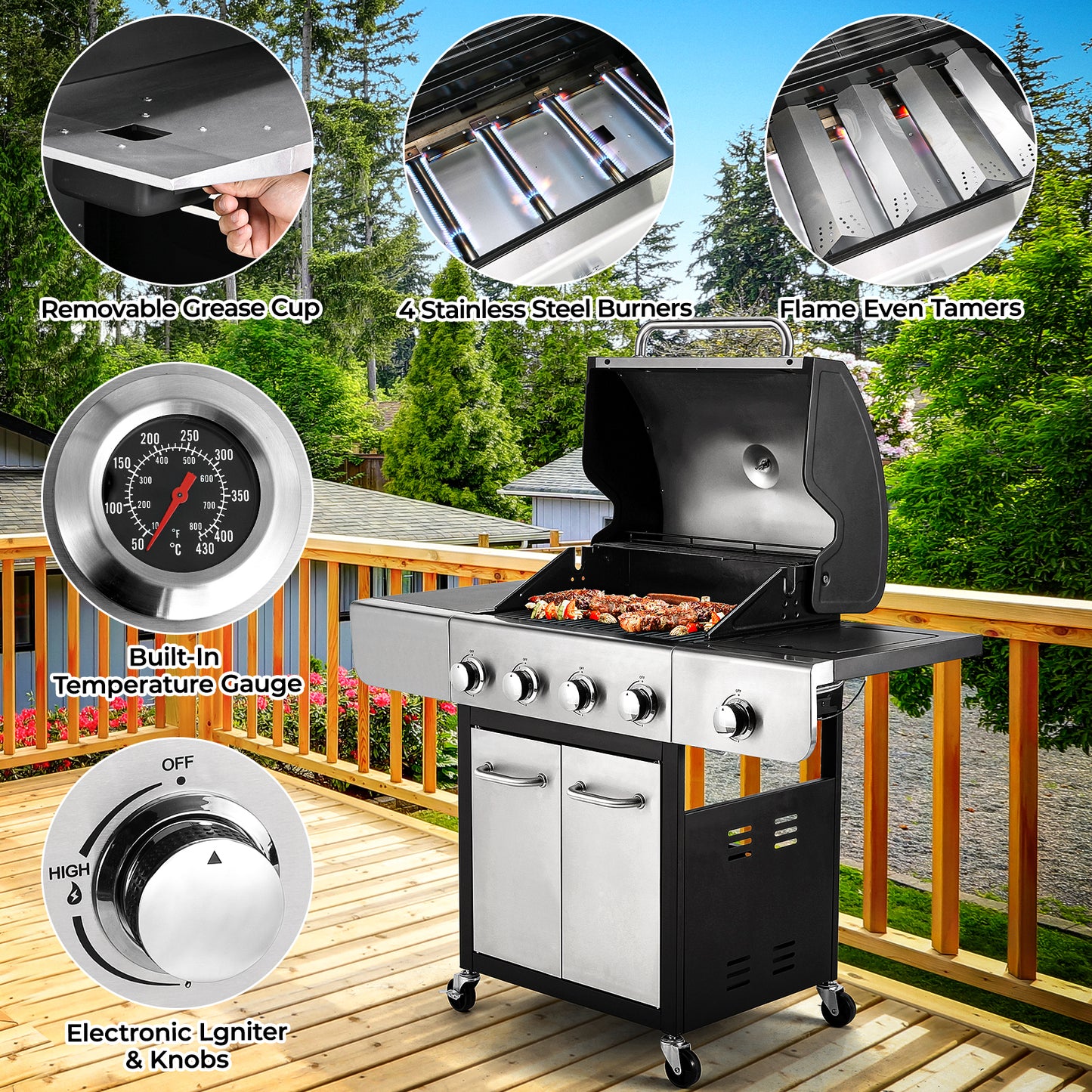 LAZY BUDDY 40000 BTU 4 Burner Propane Gas Grill, Outdoor Stainless Steel BBQ Grill with 12000 BTU Side Burner, Thermometer and Caster, Black