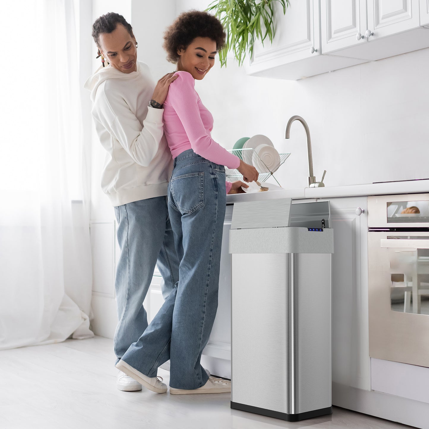 LAZY BUDDY 18.5/21.1 Gal Automatic Trash Can, Motion Sensor Garbage Bin W/ Soft-Close, Wings-Open Kitchen Trash Can for Living, Dining room, Kitchen, Silver Stainless Steel