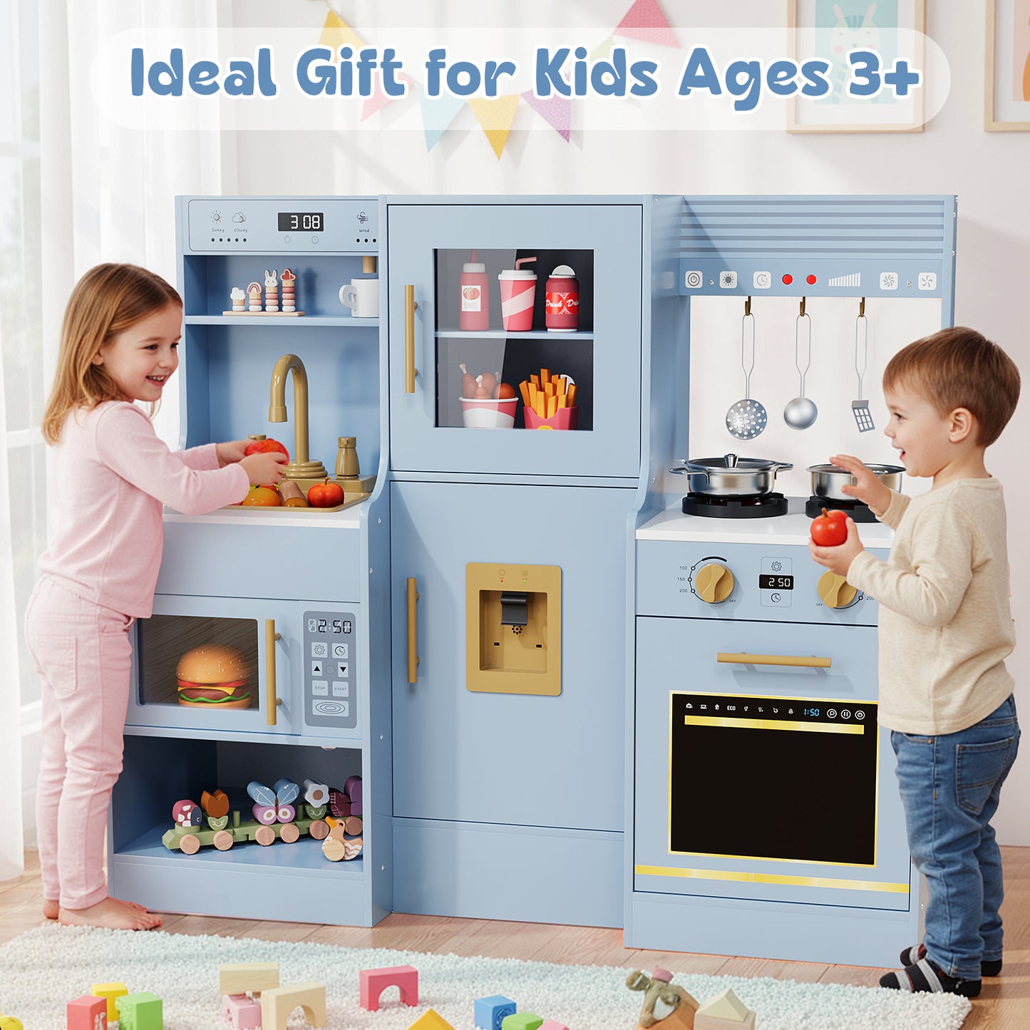 LAZY BUDDY Kids Kitchen Playset, Interactive Toy with Lights and Sounds, Toddlers Wooden Kitchen Playset with 5 Accessories