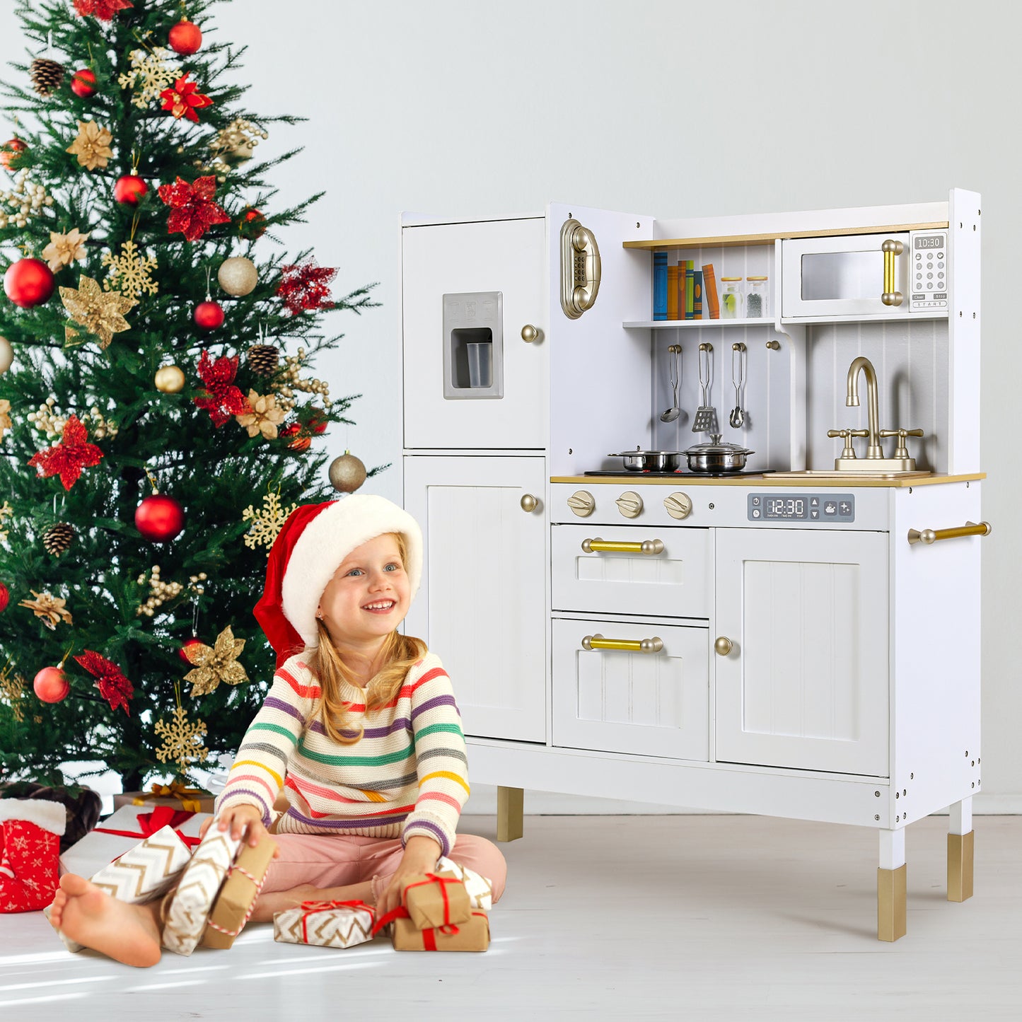 LAZY BUDDY Wooden Pretend Play Kitchen With Lights & Sounds, Telephone, Stove, Fridge, Microwave, Removable Sink, Ice Maker & Cookware Accessories