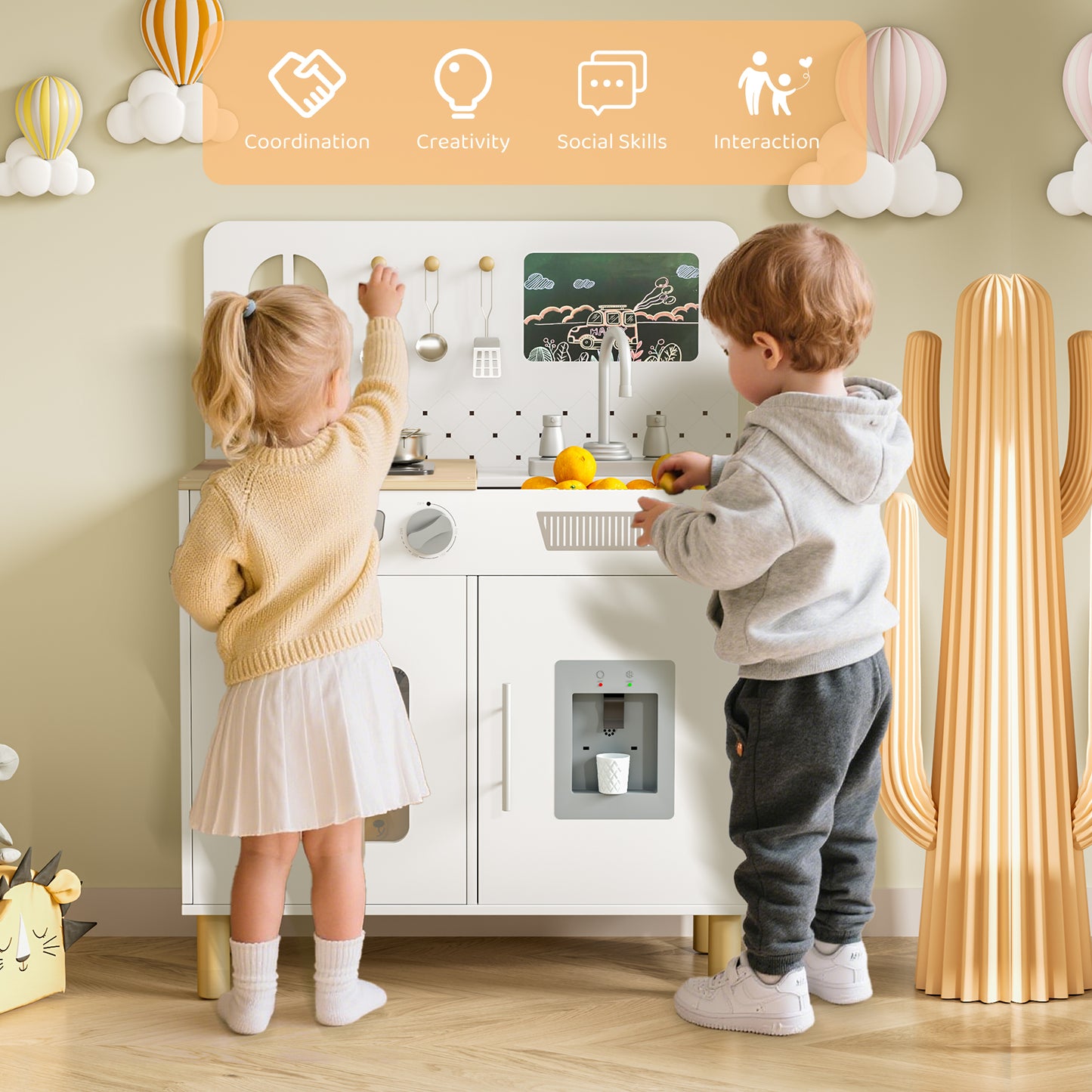 LAZY BUDDY Pretend Play Wooden Kids Kitchen Set, Toddler Toy Kitchen Playset with Graffiti Blackboard, Oven, Sink & Clicking Knobs