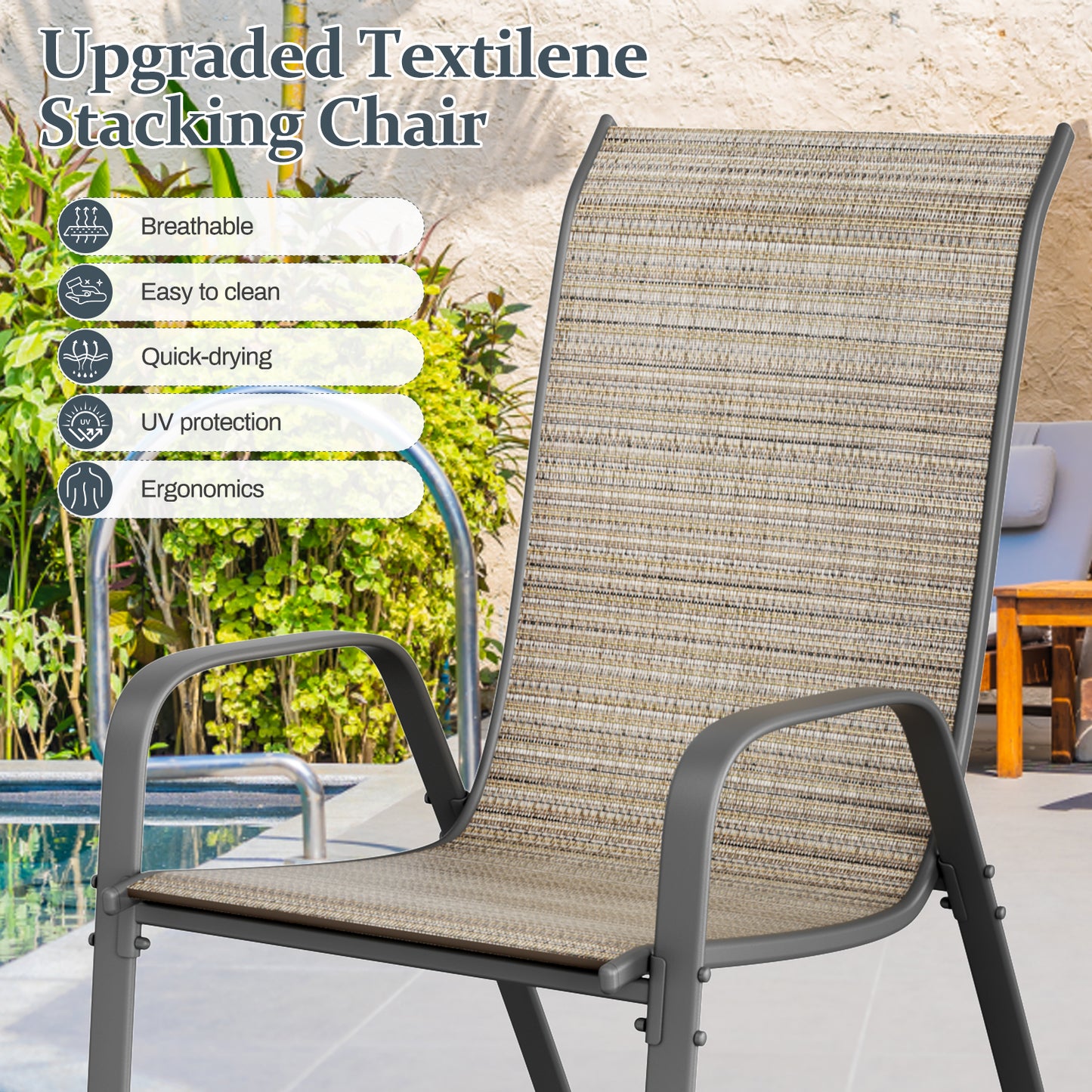 LAZY BUDDY Patio Dining Set of 7 with Umbrella Hole, Outdoor Furniture Table and 6 Textilene Chairs for Lawn, Backyard, Deck, 330LBS