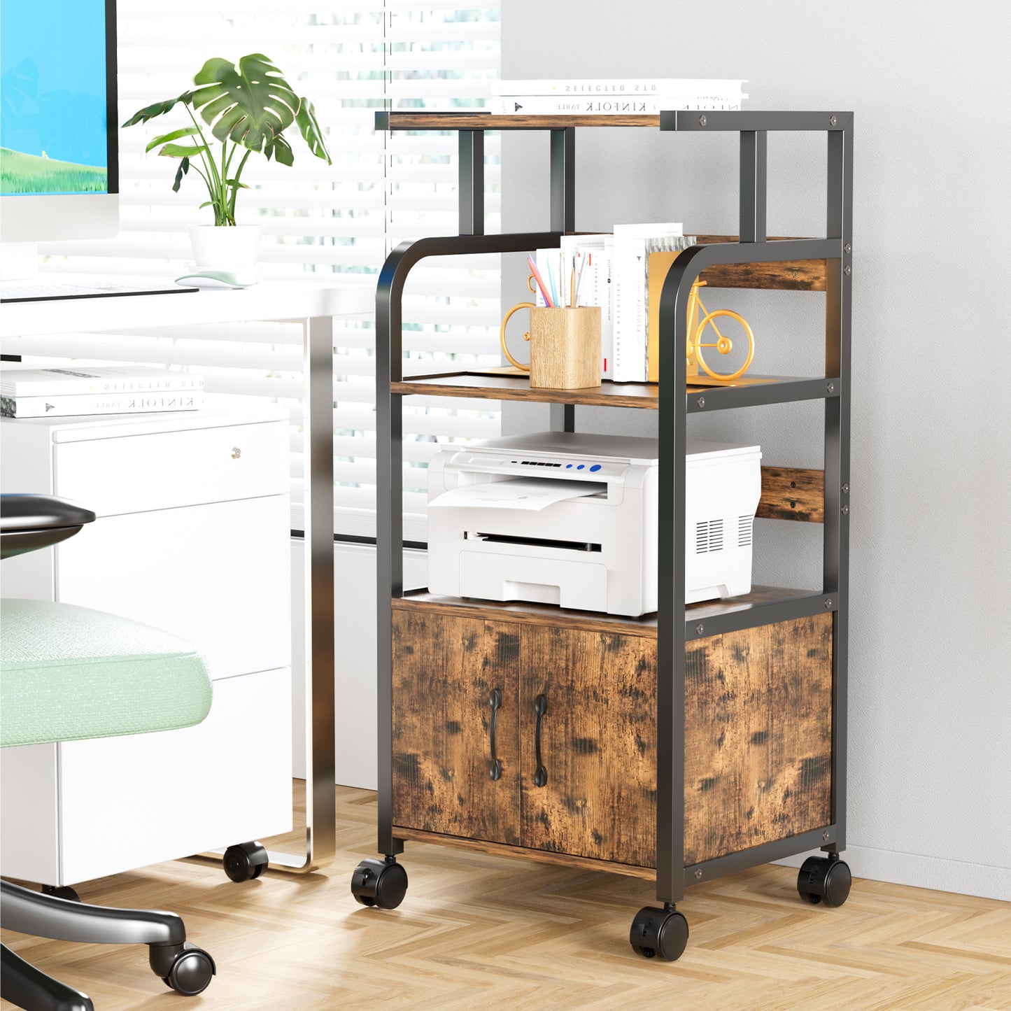 LAZY BUDDY 4-Tier Printer Stand with Lockable Casters and Wooden Cabinet Multi-Purpose Shelf Rack Movable Storage Cart Floor-Standing Printer Cart