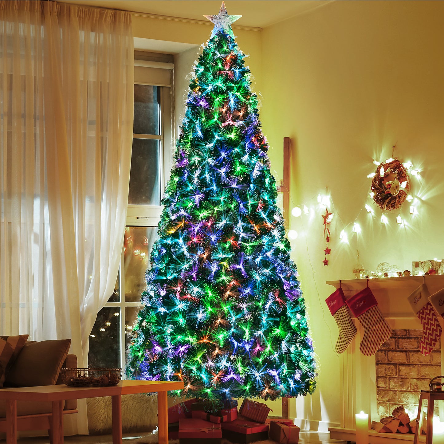 LAZY BUDDY Artificial Pre-Lit Christmas Tree, Optical Fiber Evergreen Tree, Xmas Full Tree with Multi- Color Lights, Top Star, Foldable Metal Base