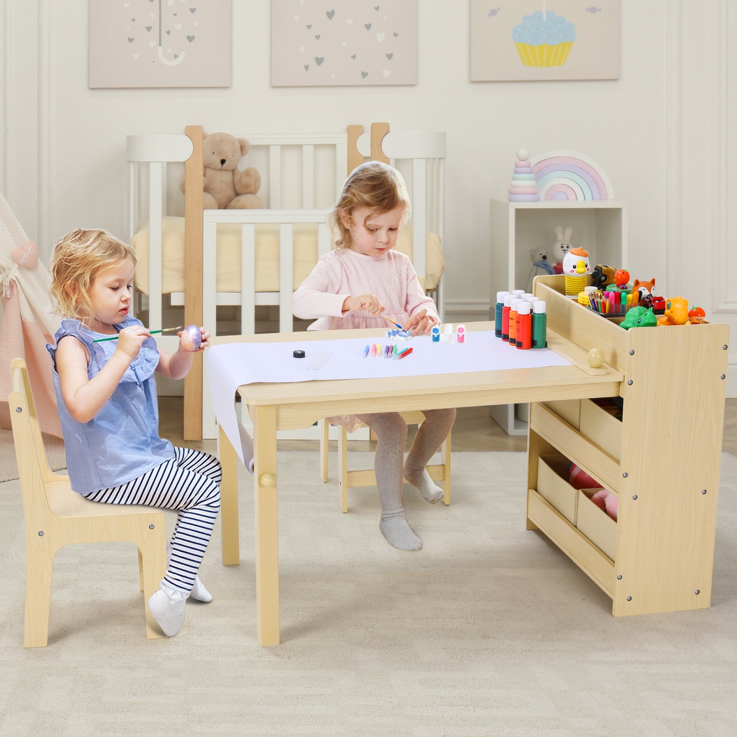 LAZY BUDDY Kids Table and 2 Chairs Set Wood with 4 Storage Shelves and Paper Roll Kids Activity and Study Table Furniture