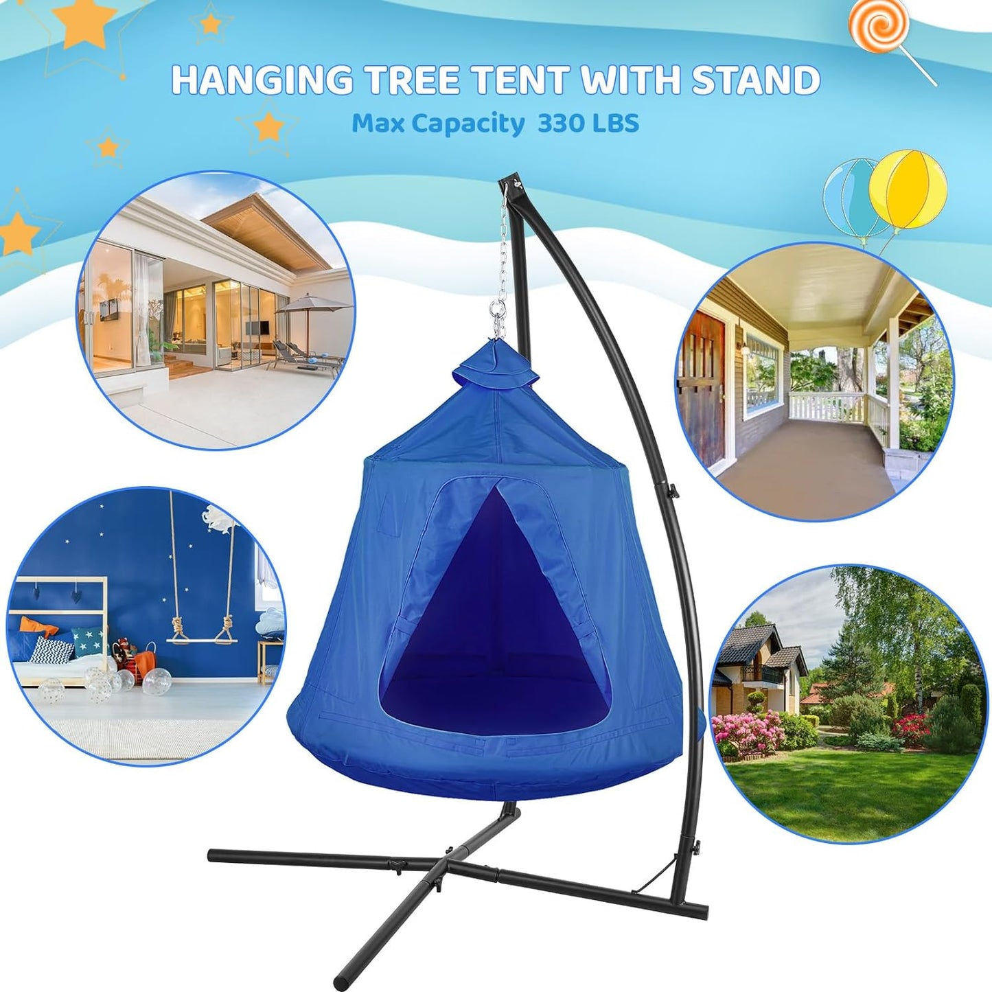 LAZY BUDDY Hanging Tree Tent with Metal Stand, Hanging Hammock X-Stand w/ Swing Tent, Steel Frame, LED Lights, Max 330lb(Blue)