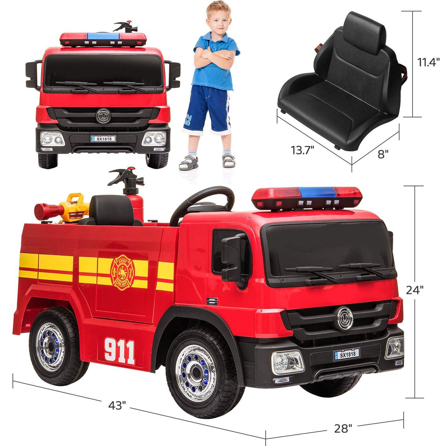 LAZY BUDDY Kids 12V Ride On Fire Truck Battery Powered Ride-Ons Toy Car with Remote Control, Siren for Boys Girls 3-6 Years