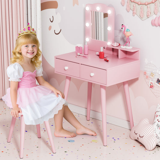 LAZY BUDDY Kids Vanity Set with Lights, Toddler Vanity Table with Mirror and Stool, Wooden Makeup Dressing Table for Children 3+