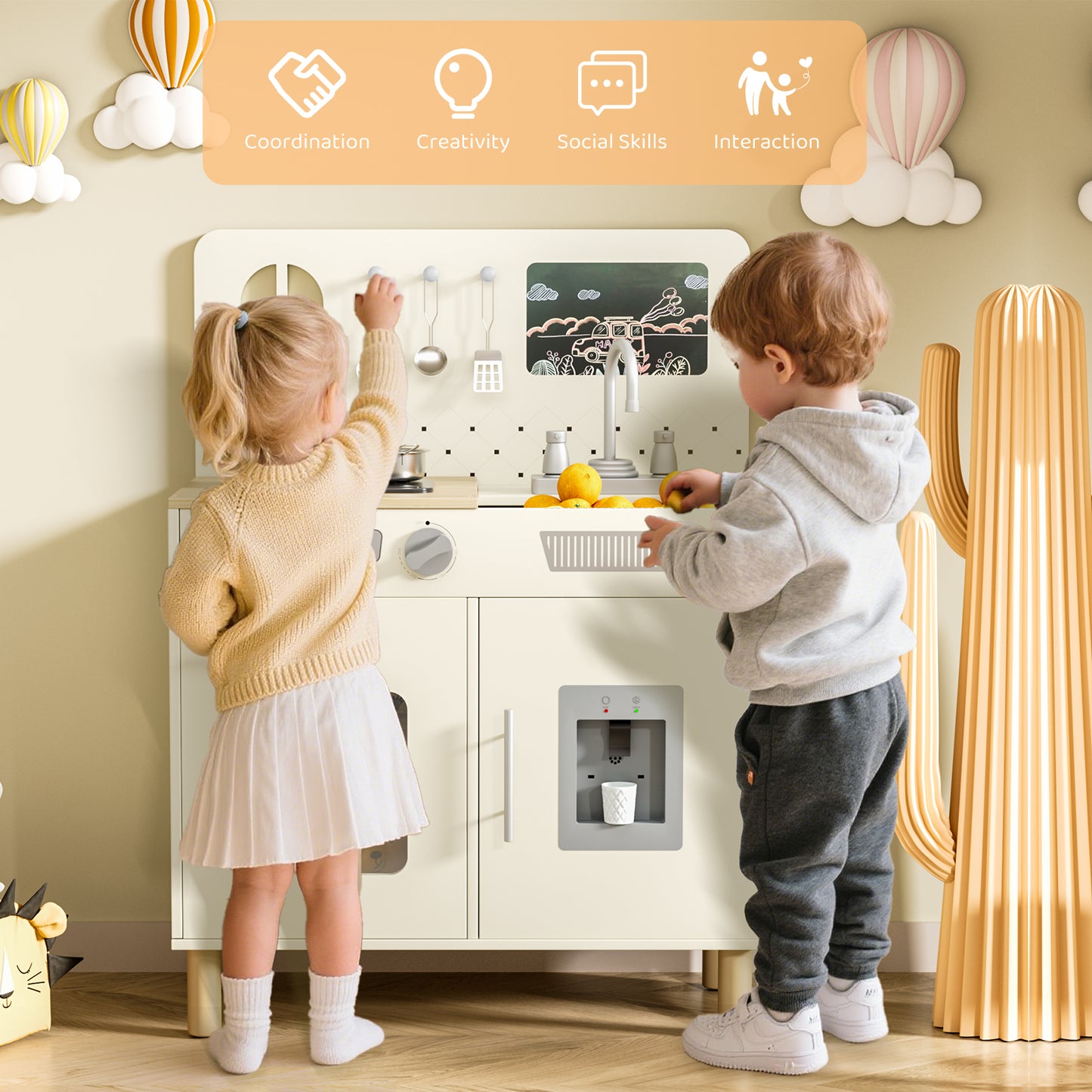 LAZY BUDDY Pretend Play Wooden Kids Kitchen Set, Toddler Toy Kitchen Playset with Graffiti Blackboard, Oven, Sink & Clicking Knobs