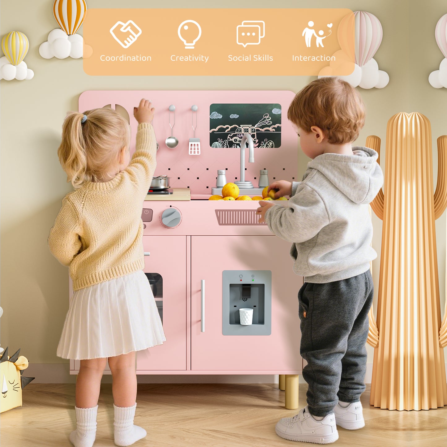 LAZY BUDDY Pretend Play Wooden Kids Kitchen Set, Toddler Toy Kitchen Playset with Graffiti Blackboard, Oven, Sink & Clicking Knobs
