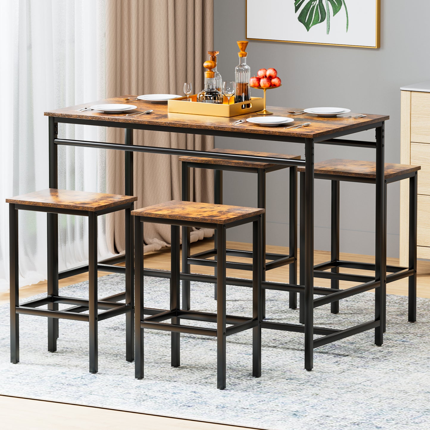 LAZY BUDDY 5-Piece Bar Table Set, Compact Counter Height Kitchen Dining Table with 4 Stools for Apartment, Small Spaces