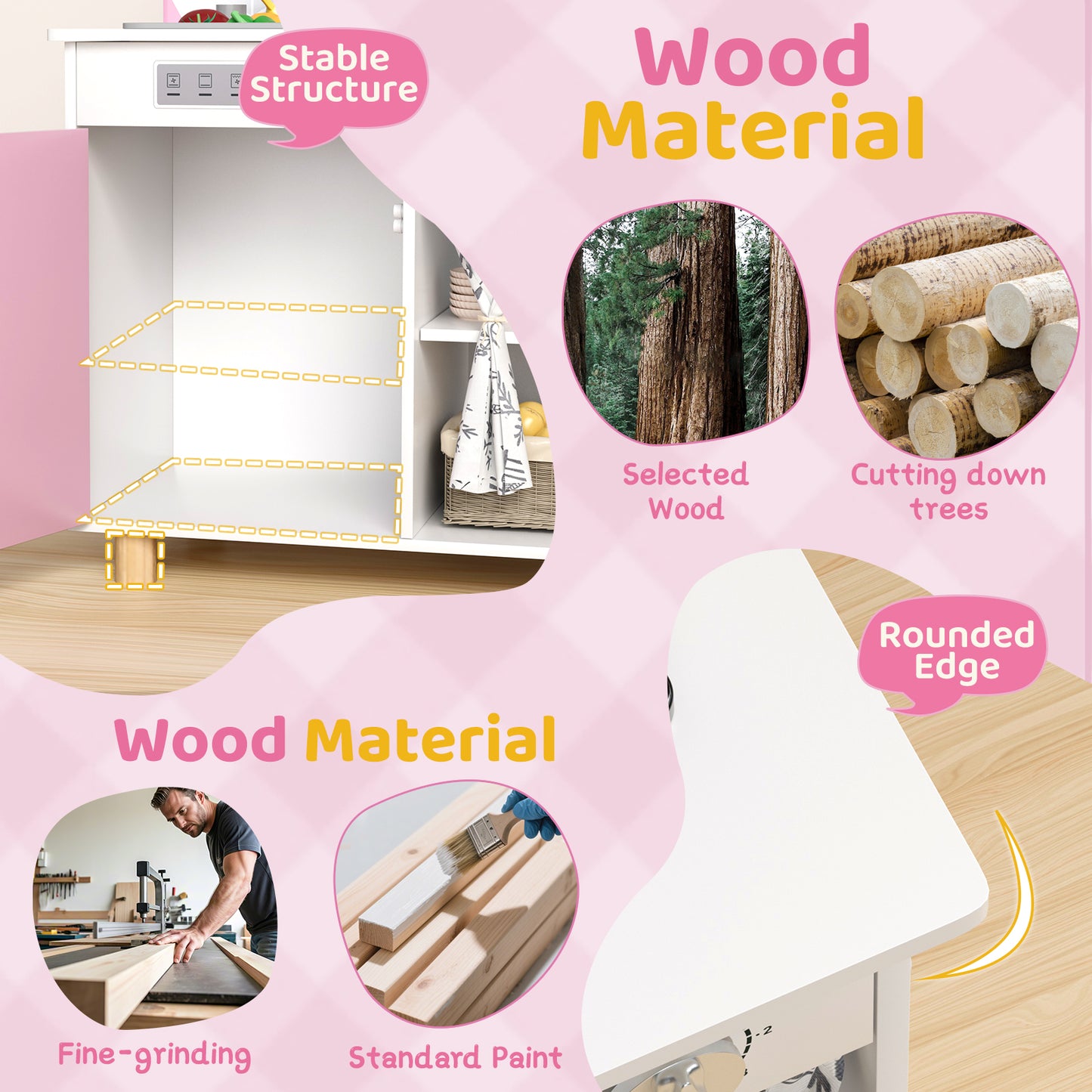 LAZY BUDDY Kids Kitchen Playset, Wooden Pretend Play Kitchen Toddler Interactive Toy with 5 Accessories