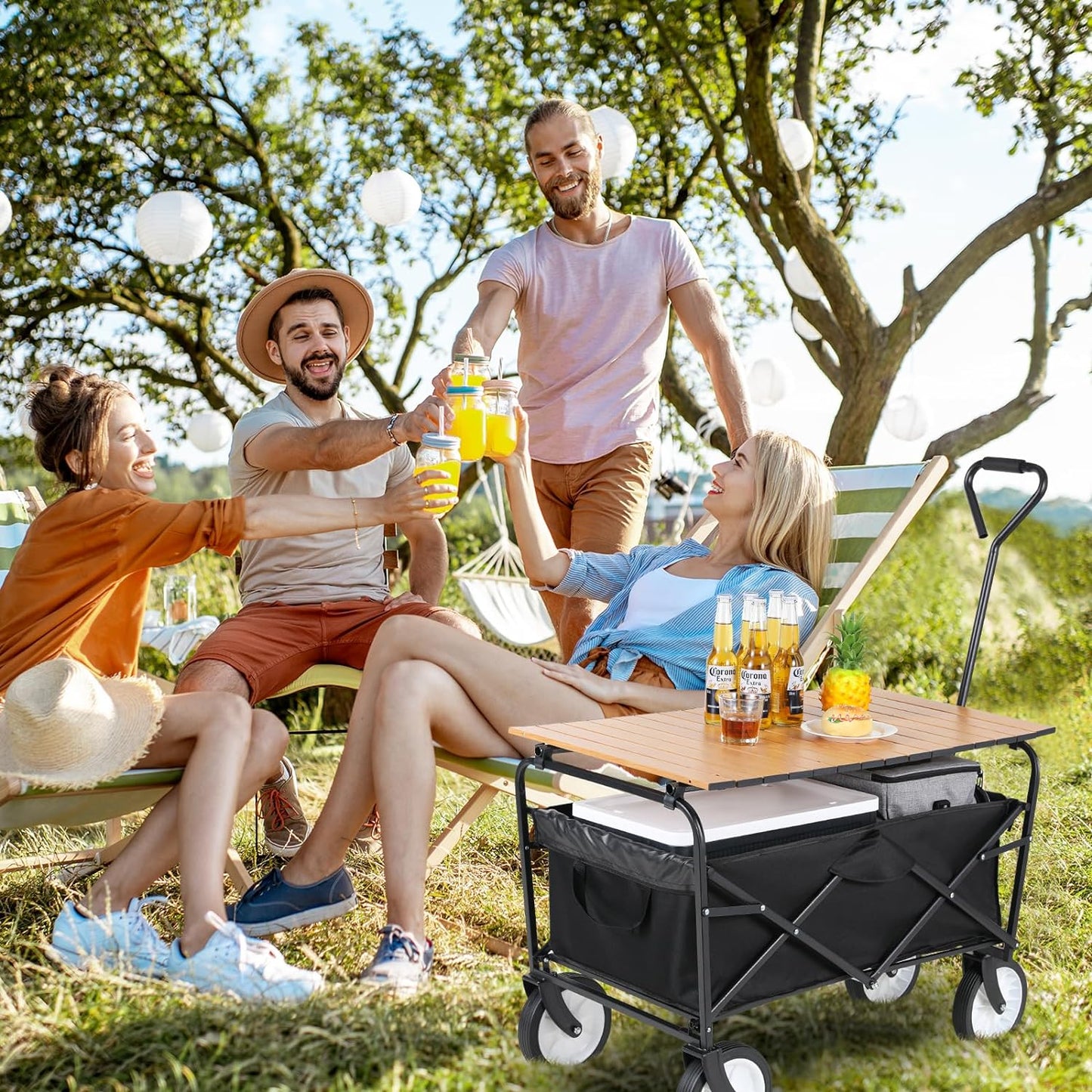 LAZY BUDDY Collapsible Folding Wagon, Utility Garden Cart with Metal Desktop, 150 LBS for Camping, Beach, Garden, Grocery