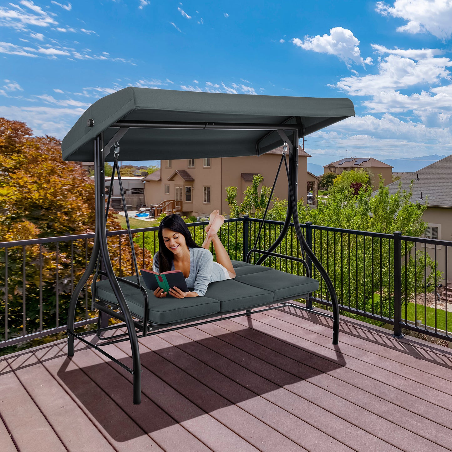 LAZY BUDDY Outdoor Patio Swing Chair, 3 Person Porch Swing with Adjustable Canopy, Removable Cushion for Outdoor Backyard, Garden, Poolside, Gray