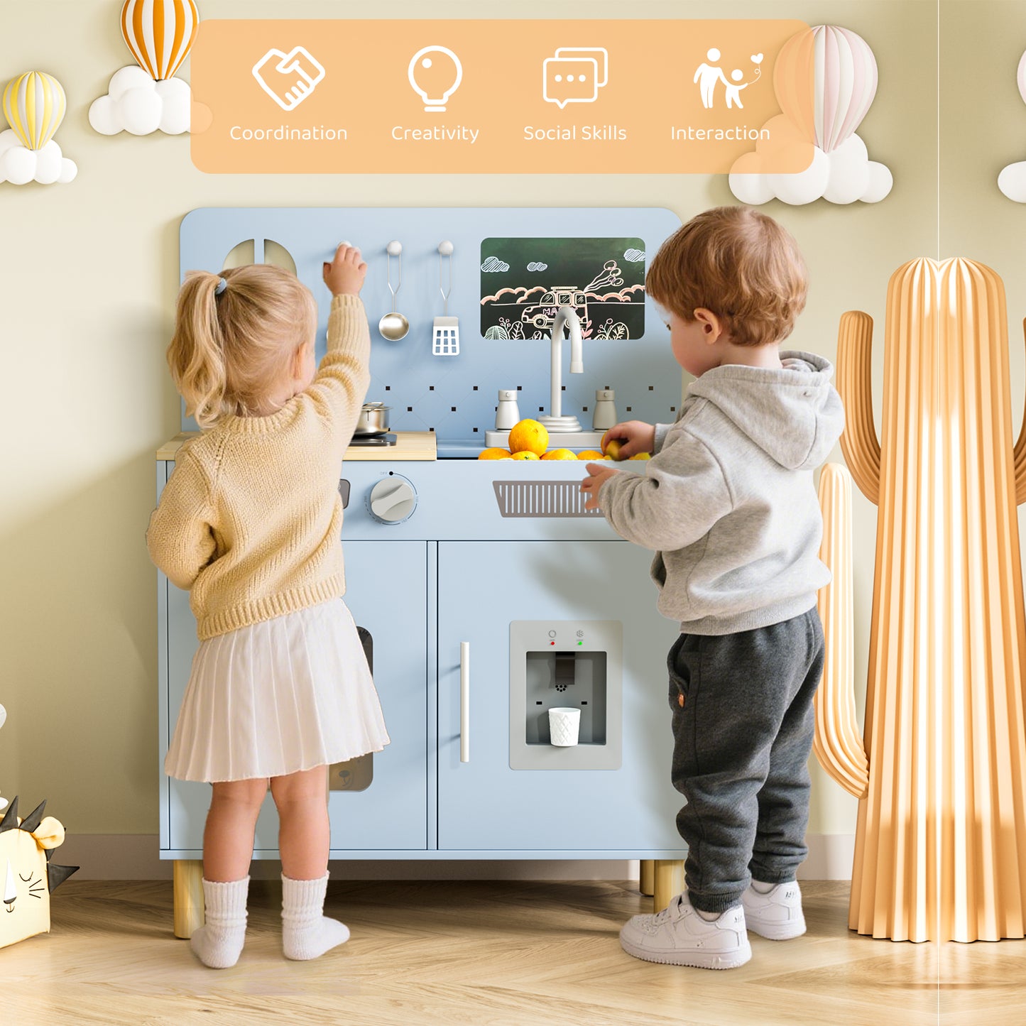 LAZY BUDDY Pretend Play Wooden Kids Kitchen Set, Toddler Toy Kitchen Playset with Graffiti Blackboard, Oven, Sink & Clicking Knobs
