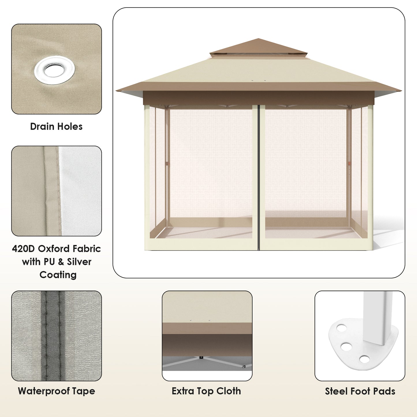 LAZY BUDDY 11' x 11' Pop up Canopy Tent, Outdoor Screen Tent with 4 Mosquito Netting, Straight Leg Folding Instant Shelter, Beige