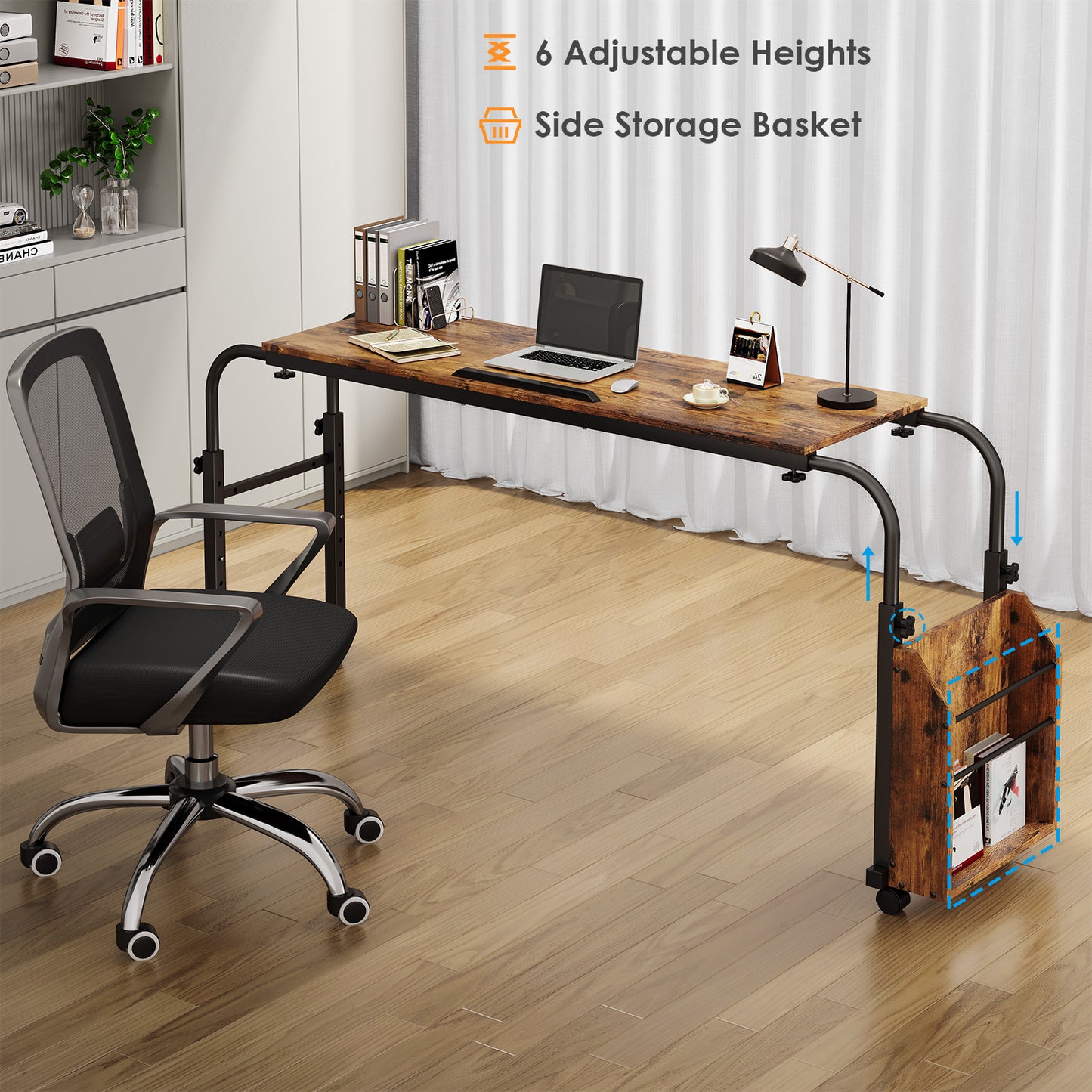 LAZY BUDDY Overbed Table with Wheels, Home Office Desk W/0-65°Tilt Stand for Laptop, Height/Width Adjustable Rolling Bed Desk (Height: 26.3" - 36.2" /Width: 60.6" - 84.2")