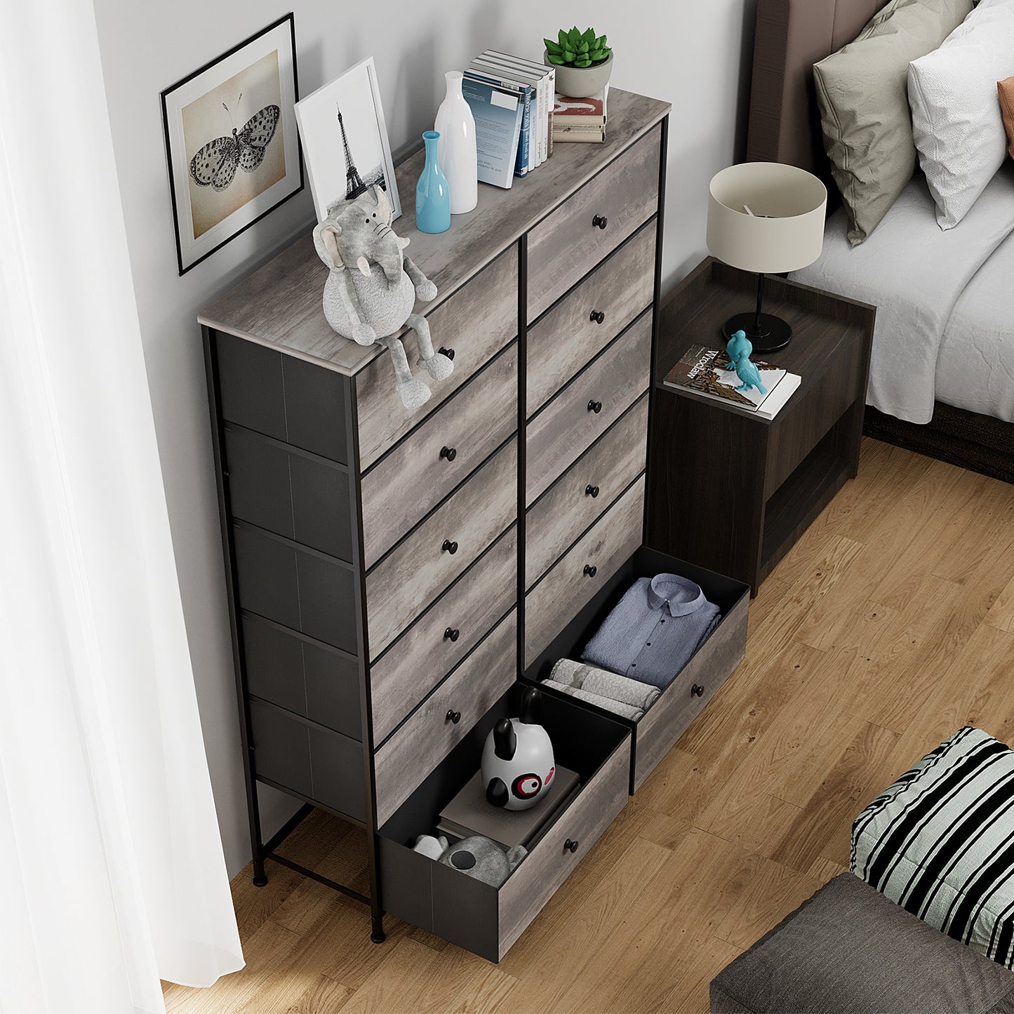 LAZY BUDDY Dresser for Bedroom, 12-drawer Fabric Dresser with Steel Frame & Wooden Top
