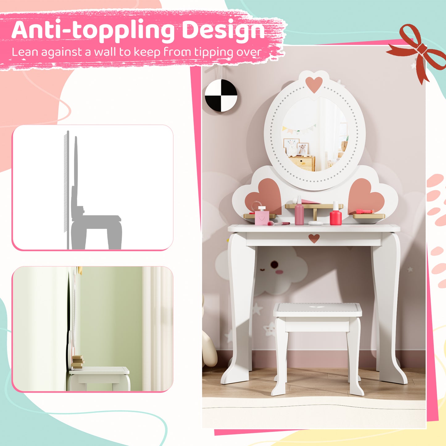 LAZY BUDDY Kids Vanity Set, Wooden Vanity Table and Chair with Mirror, Including 8pcs Pretend Play Makeup Accessories, Princess Dressing Makeup Table for Girls 3+