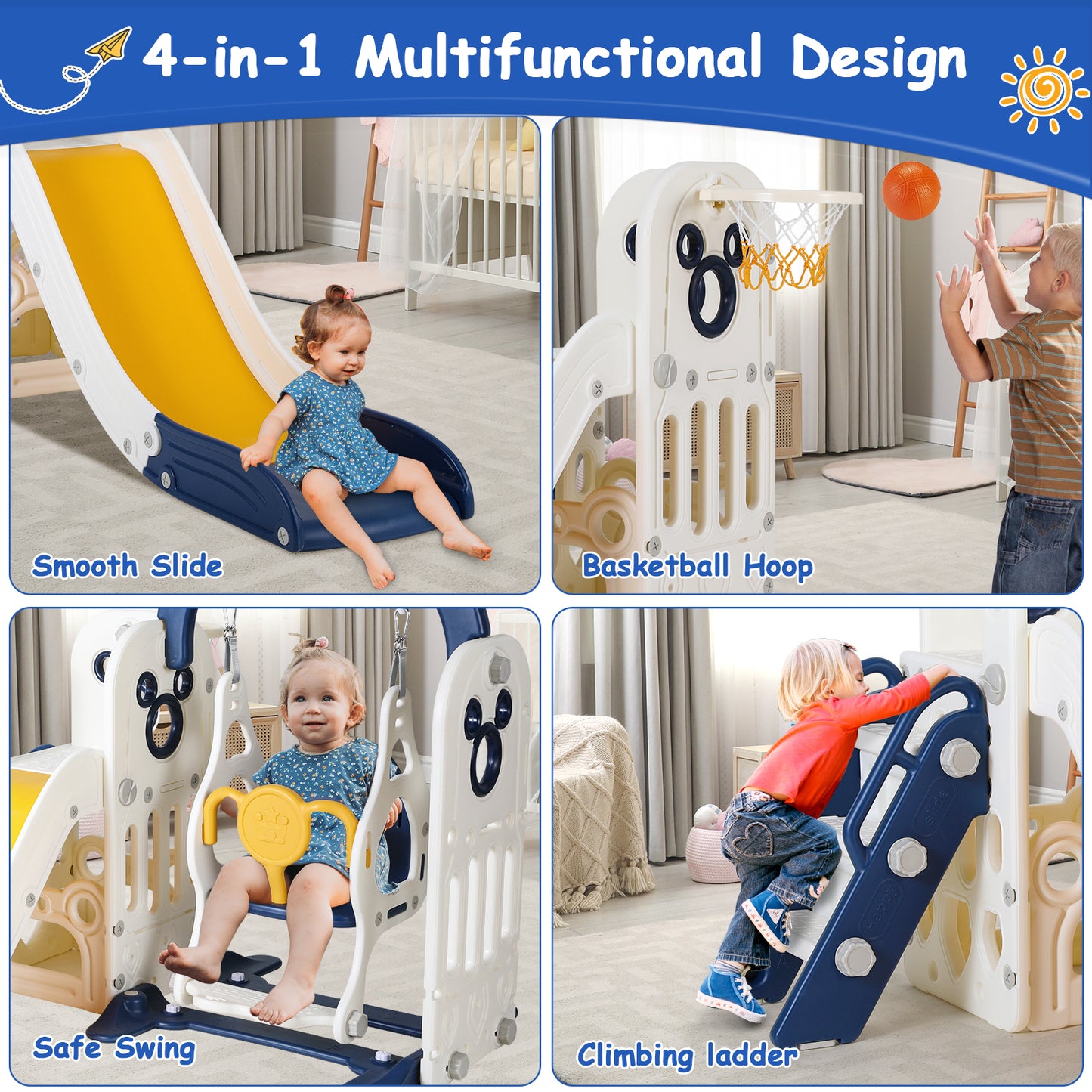 LAZY BUDDY Kids Slide and Swing Set, 5 in 1 Slide Climber for Toddler, with Ball & Hoop, Storage Space, Suction Cup Reinforced Base, Indoor Outdoor Playground