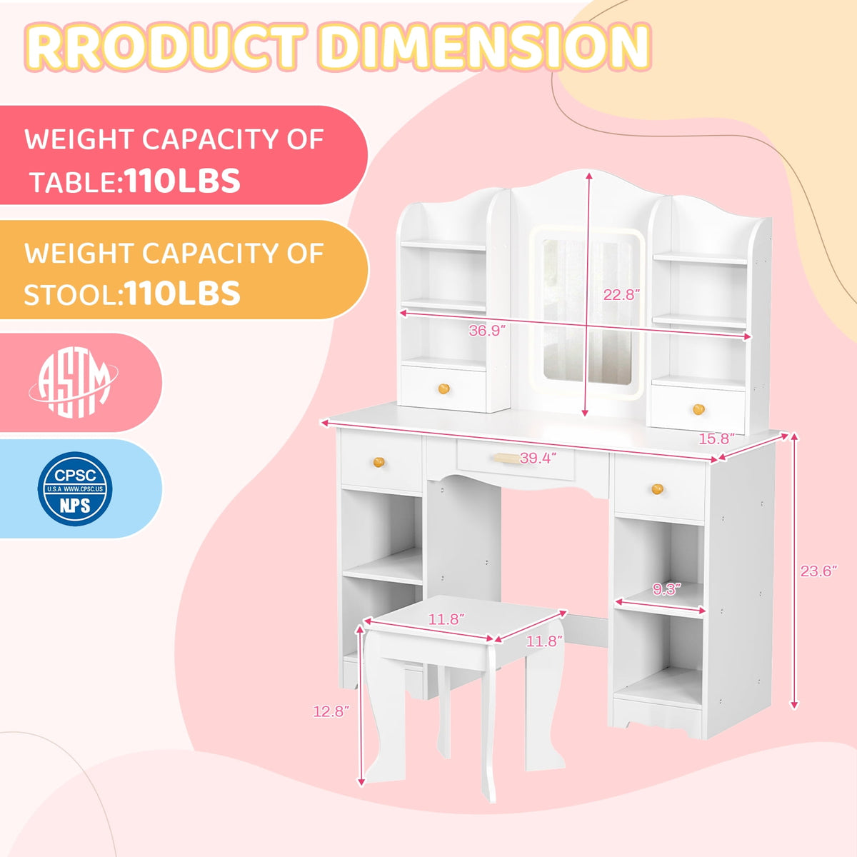 LAZY BUDDY Wooden Kids Vanity Table with Lights, Mirror and Stool, 2 in 1 Toddler Pretend Play Dressing Table with Drawers & Open Shelves for Little Girls