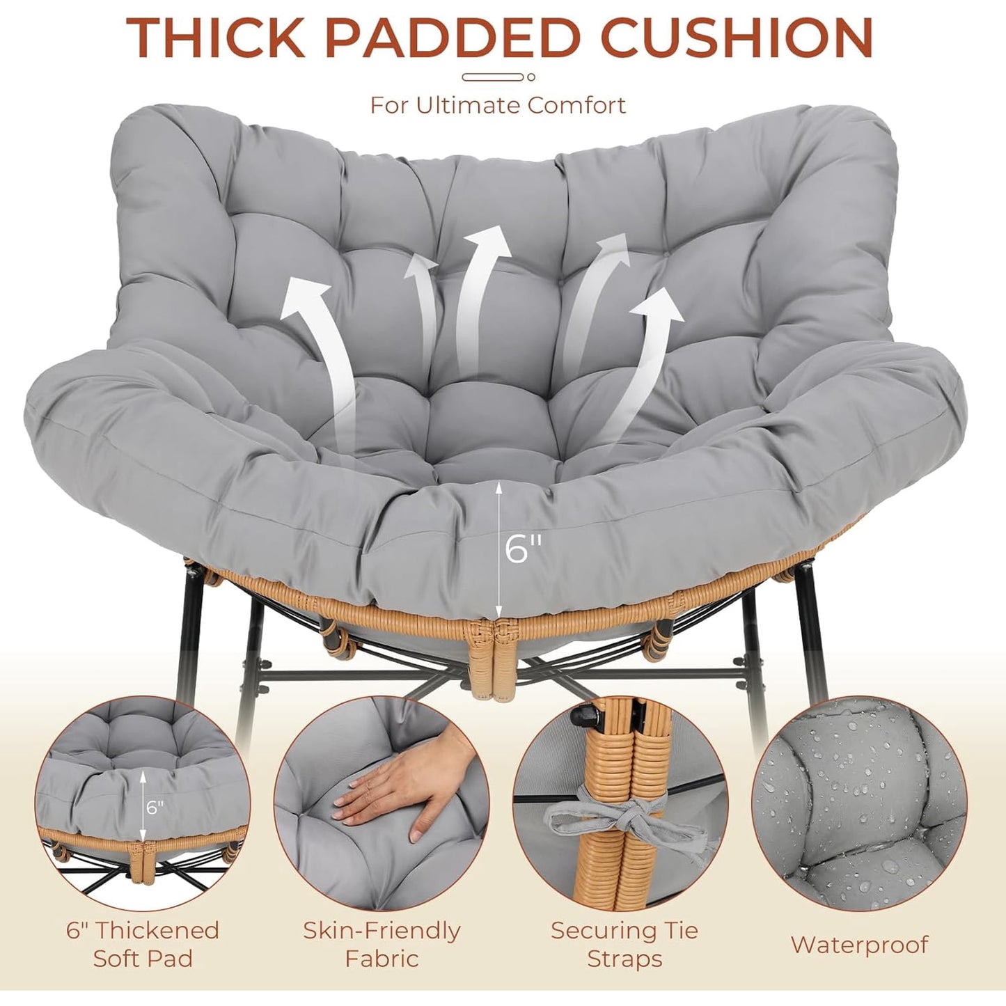 LAZY BUDDY Outdoor Papasan Rocking Chair, Oversized Lounge Chair Rocker with Thick Cushion, for Patio, Balcony, Porch and Indoor