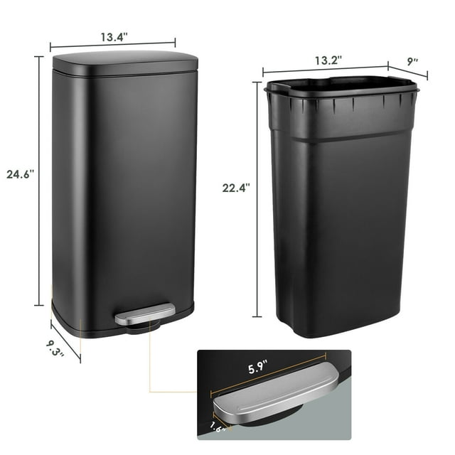 LAZY BUDDY 8 gal Stainless Steel Kitchen Trash Can Black Garbage Bin with Lid - 5 Colors