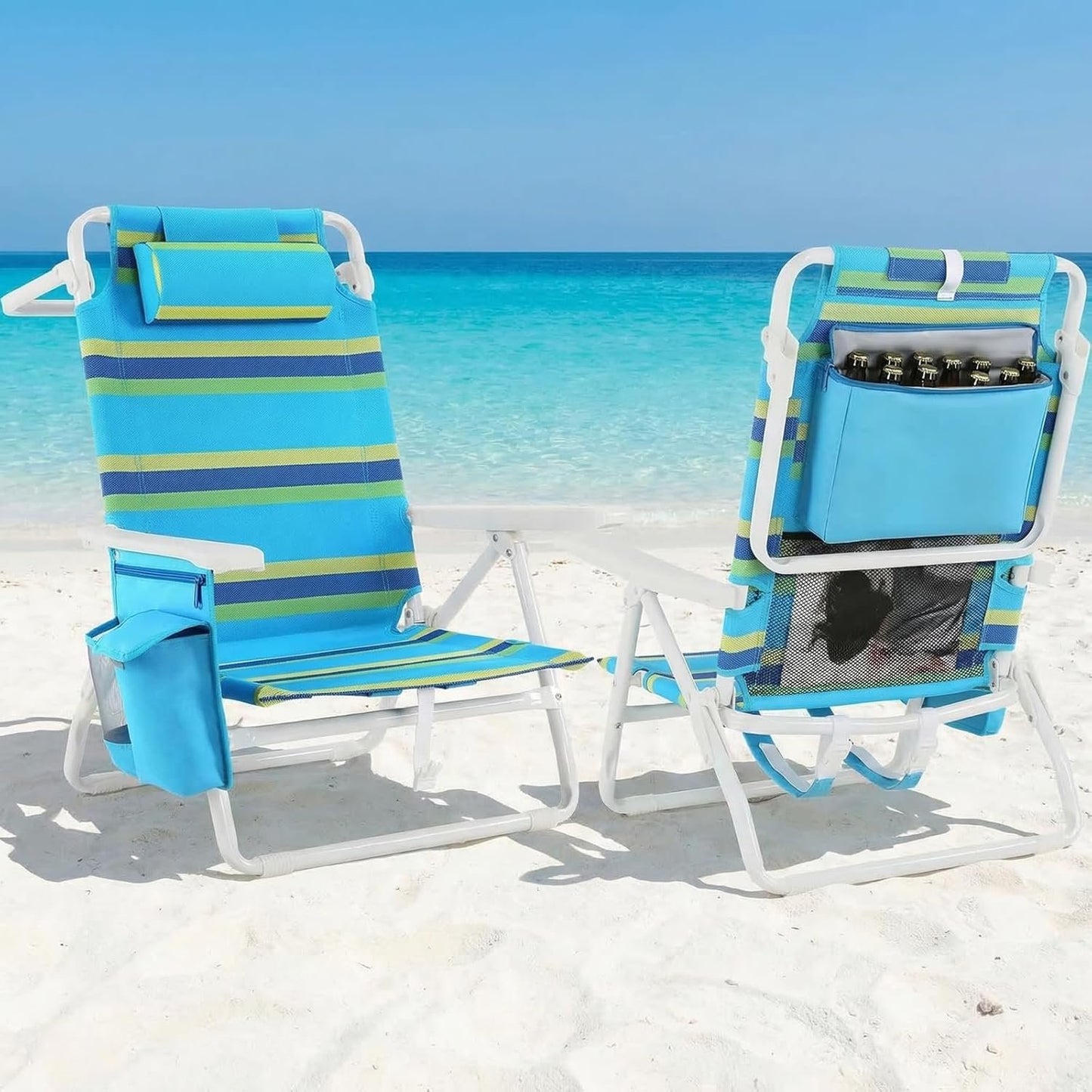 LAZY BUDDY  Low Beach Chair, Backpack Beach Chair for Adults with 5-Position, Lightweight Folding Beach Camping Chairs with Cup Holder, Storage Bag