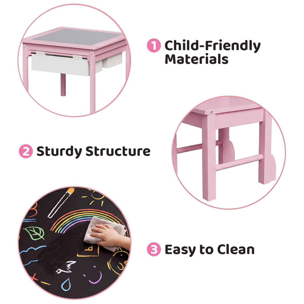 LAZY BUDDY Wooden Toddler Table and Chairs Set, Kids Play Activity Table Set with Reversible Tabletop & 2 Storage Drawers, for Drawing Reading Dining