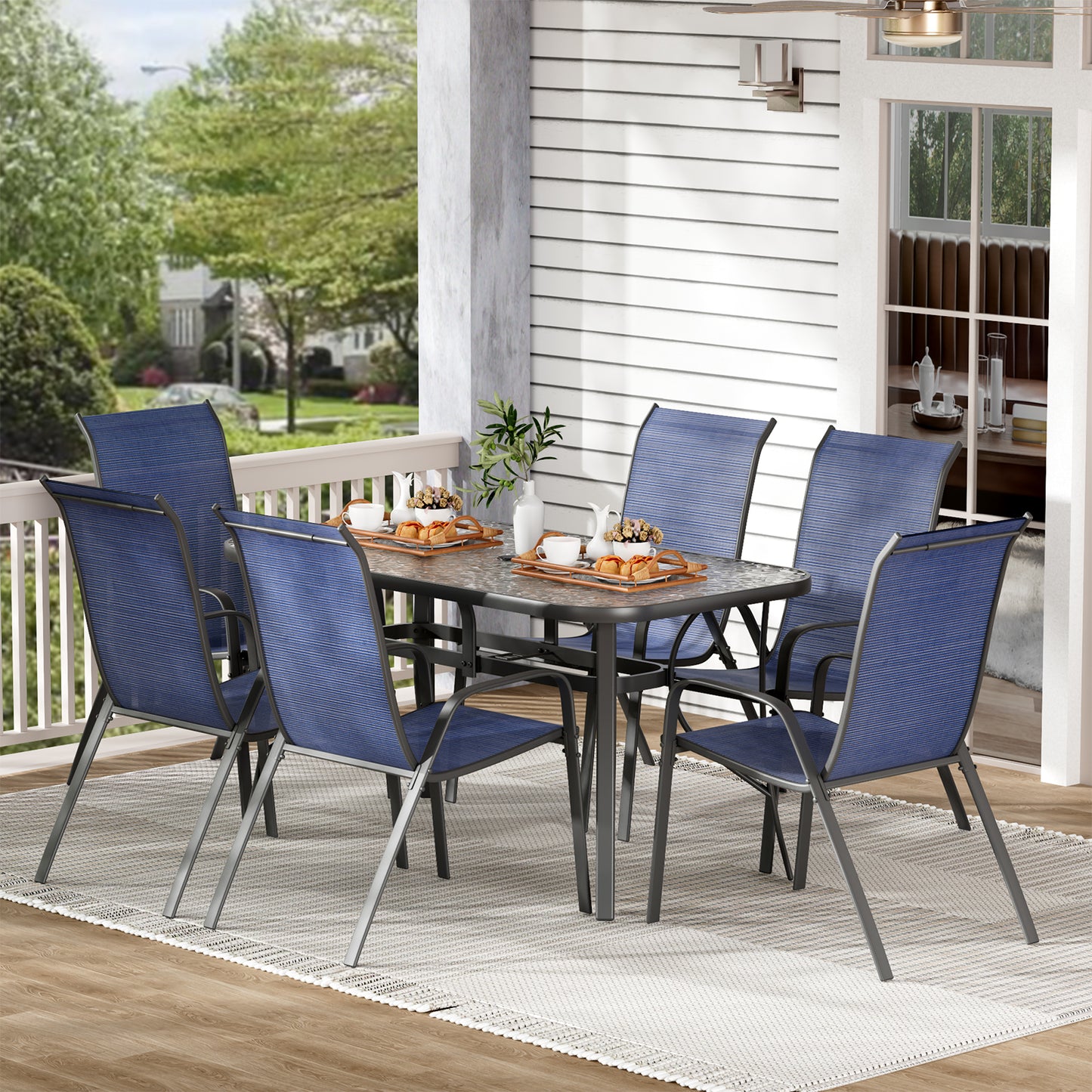 LAZY BUDDY Patio Dining Set of 7 with Umbrella Hole, Outdoor Furniture Table and 6 Textilene Chairs for Lawn, Backyard, Deck, 330LBS
