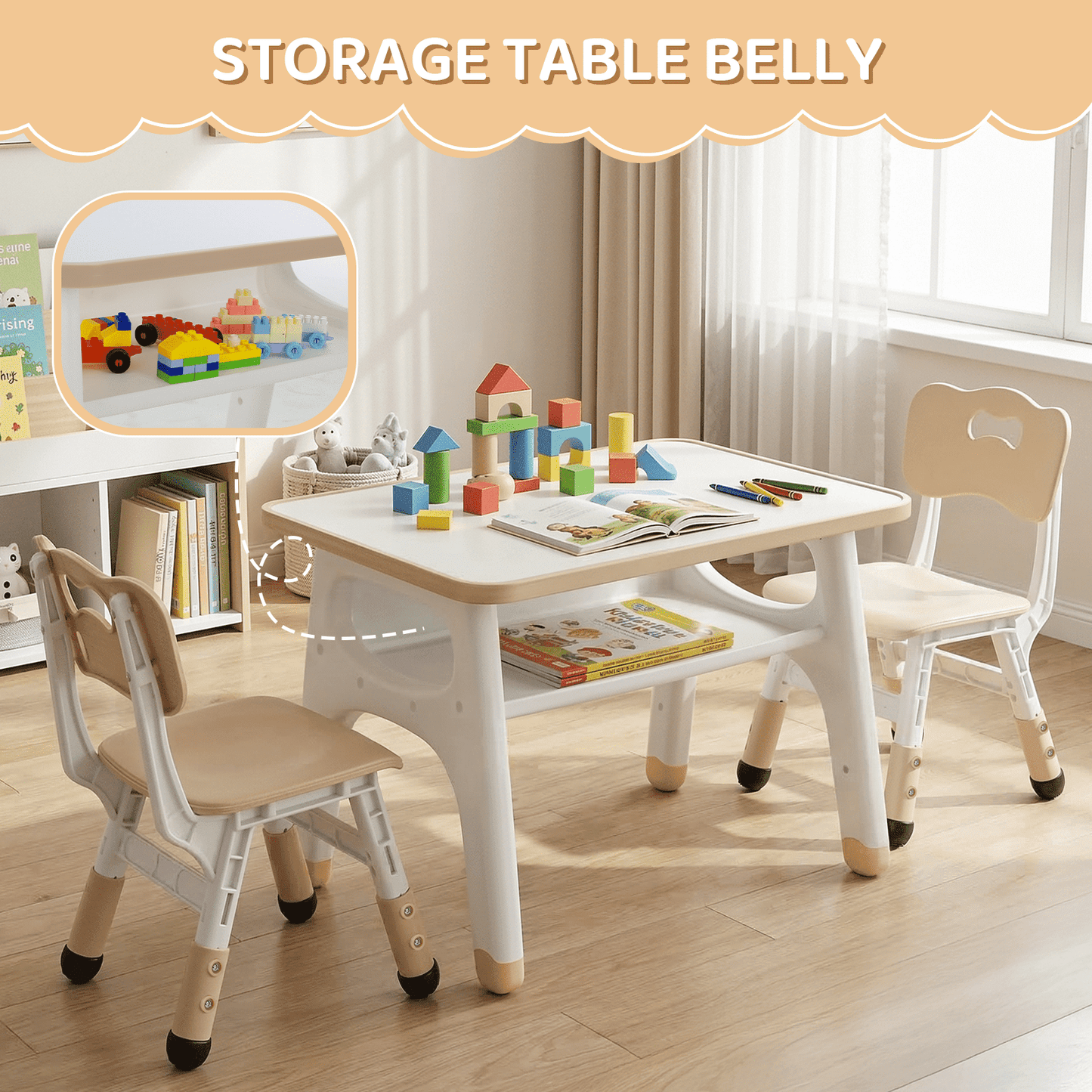 LAZY BUDDY Kids Table and 2 Chairs Set, Toddler Activity Table with Built-in Storage Shelf & Graffiti Desktop, Adjustable Chair