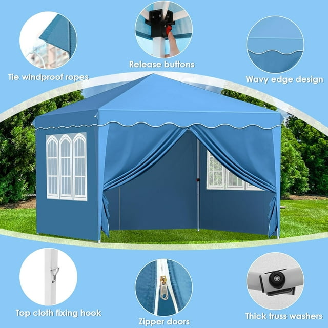 LAZY BUDDY Pop up Canopy Tent, 10x10 ft Commercial Instant Shelter Gazebo with Wheeled Bag, 4 Removable Side Walls, Blue