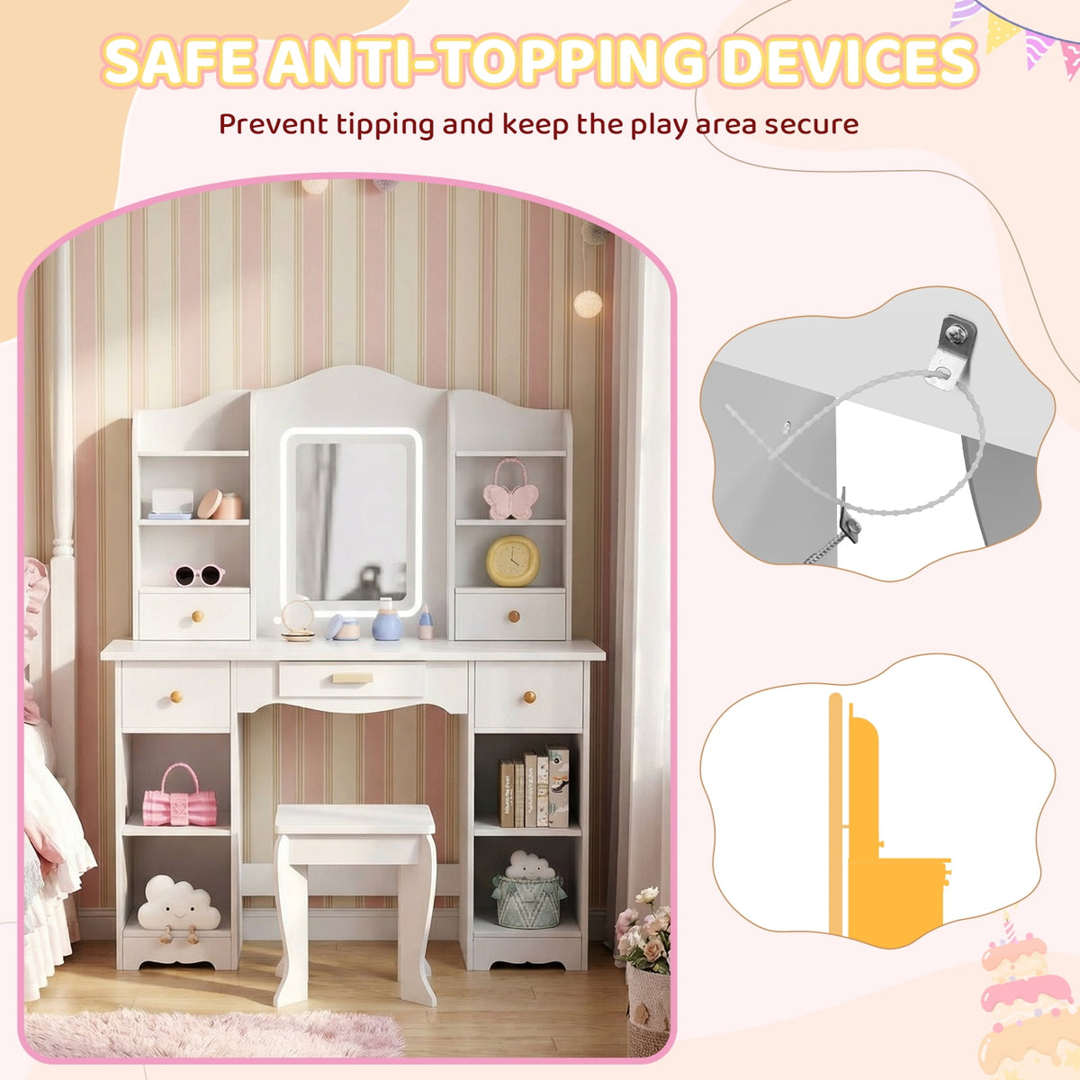 LAZY BUDDY Wooden Kids Vanity Table with Lights, Mirror and Stool, 2 in 1 Toddler Pretend Play Dressing Table with Drawers & Open Shelves for Little Girls