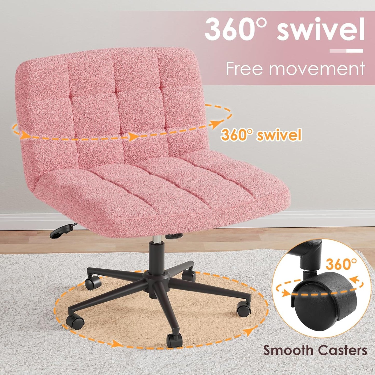 LAZY BUDDY Office Chair, Armless Criss Cross Legged Chair with Wheels, Comfy Home Vanity Task Computer Chair, Adjustable Height