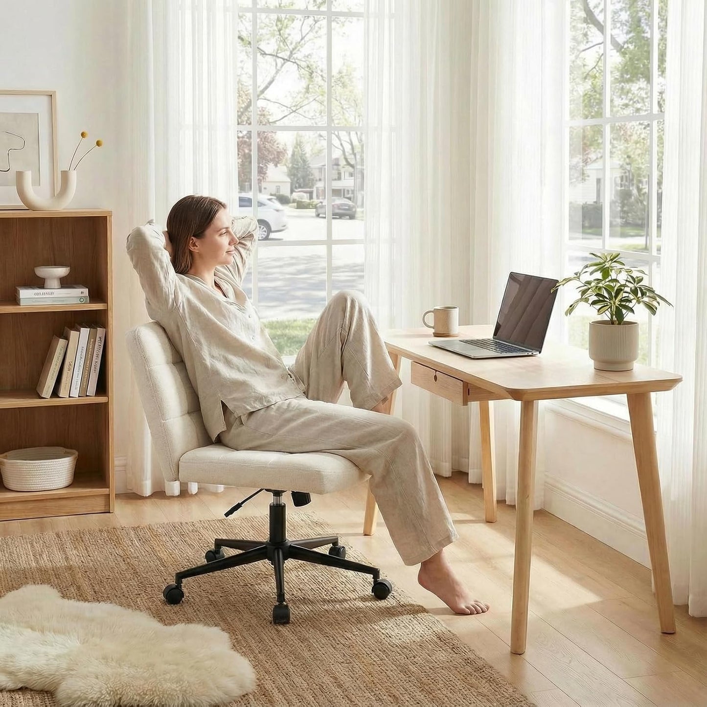 LAZY BUDDY Office Chair, Armless Criss Cross Legged Chair with Wheels, Comfy Home Vanity Task Computer Chair, Adjustable Height