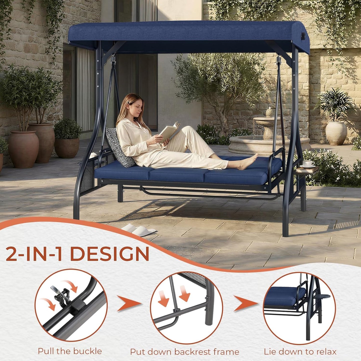 LAZY BUDDY Outdoor Porch Swing with Canopy and Stand, 3 Person Patio Swing for Adults, Convertible 2 in 1 Porch Swing Bed with Cup Holder, 750lbs