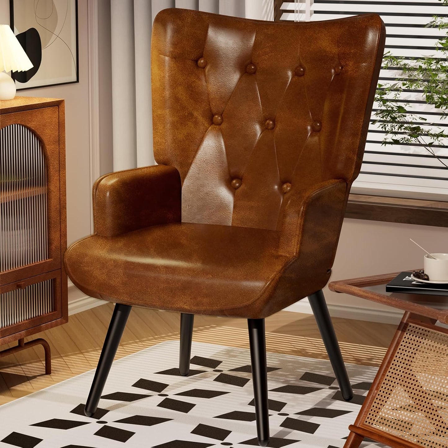 LAZY BUDDY PU Leather Accent Chair, Comfy Wingback Armchair, Upholstered Reading Chair with High Backrest for Living Room, Bedroom, Office