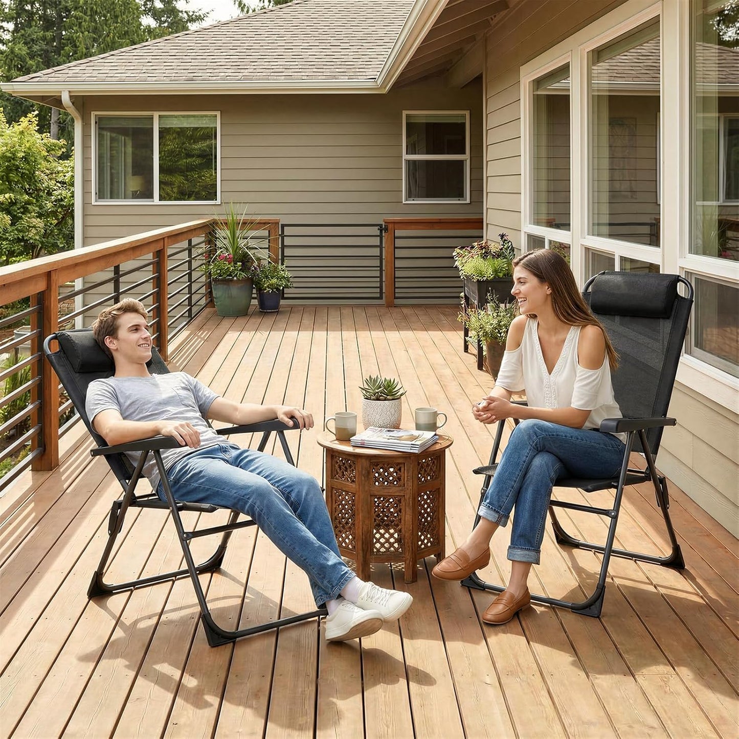 LAZY BUDDY Folding Patio Dining Chairs Set of 2/4 with Armrests, 5-Postion Adjustable Outdoor Chair with Removable Headrest for Deck, Lawn, Garden, Backyard