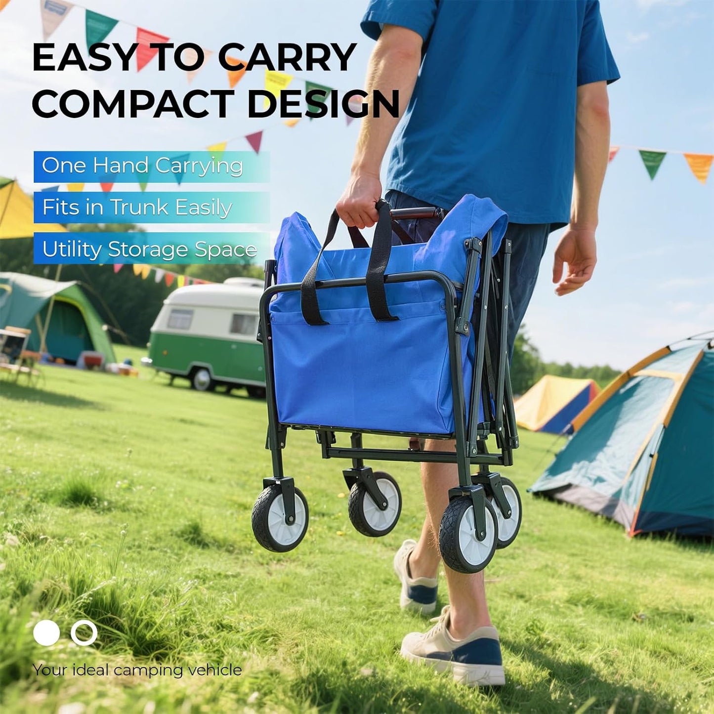 LAZY BUDDY Collapsible Folding Wagon 150 lbs Max Load, Heavy-Duty Portable Utility Shopping Cart, Lightweight Foldable Grocery Stroller, with 360° Wheels, Carry Bag, for Camping, Beach, Garden, Sports