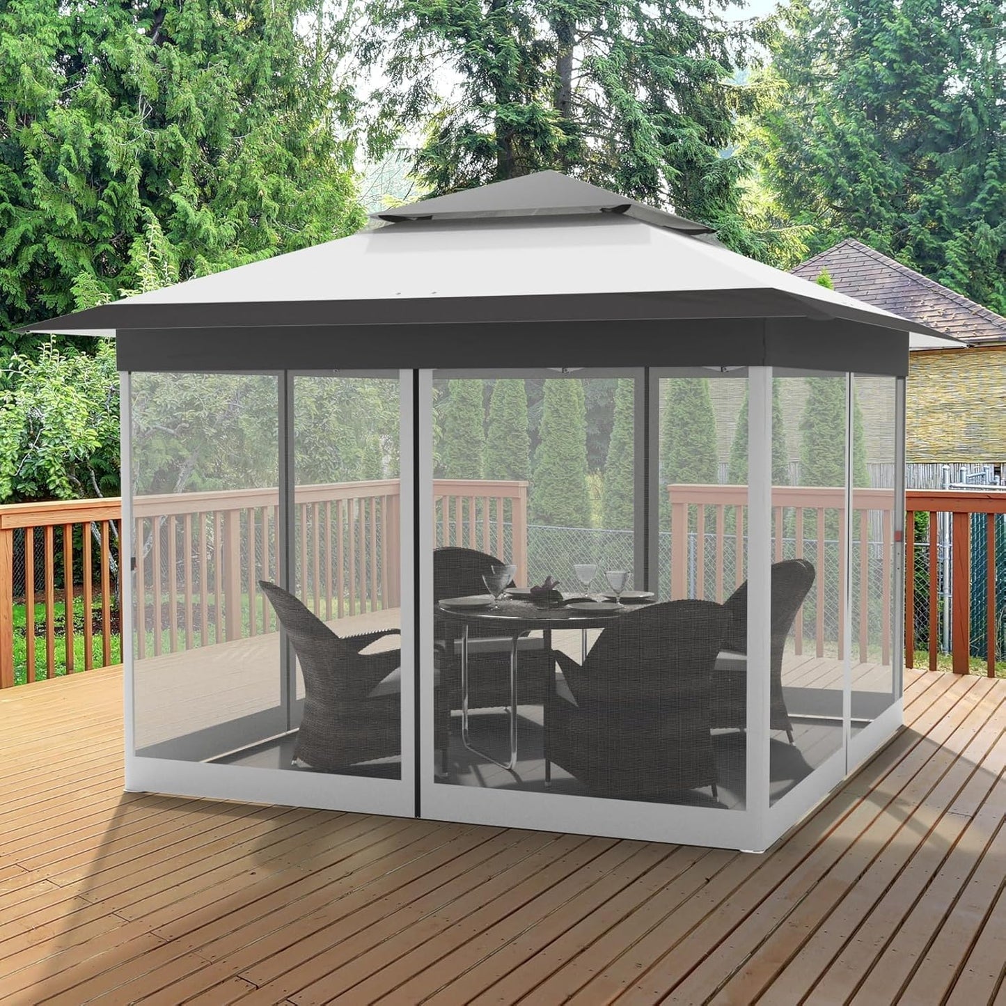 LAZY BUDDY 13ft Pop Up Gazebo, Outdoor Instant Canopy Tent w/4 Netting Sidewall & Auto Extending Eave, Patio Gazebos Shelter w/Mesh Wall, Center Lock, Wheeled Bag for Garden, Yard