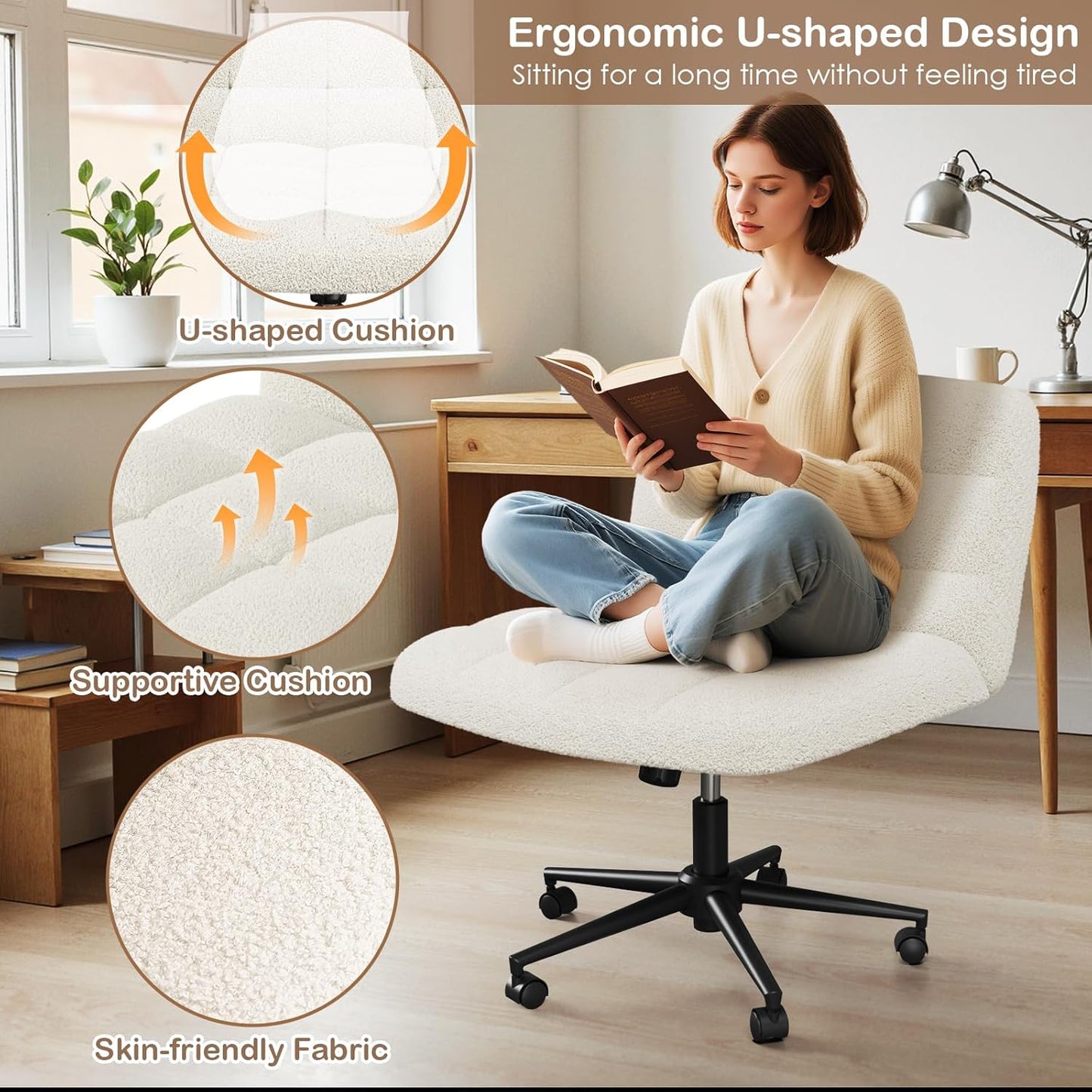LAZY BUDDY Office Chair, Armless Criss Cross Legged Chair with Wheels, Comfy Home Vanity Task Computer Chair, Adjustable Height