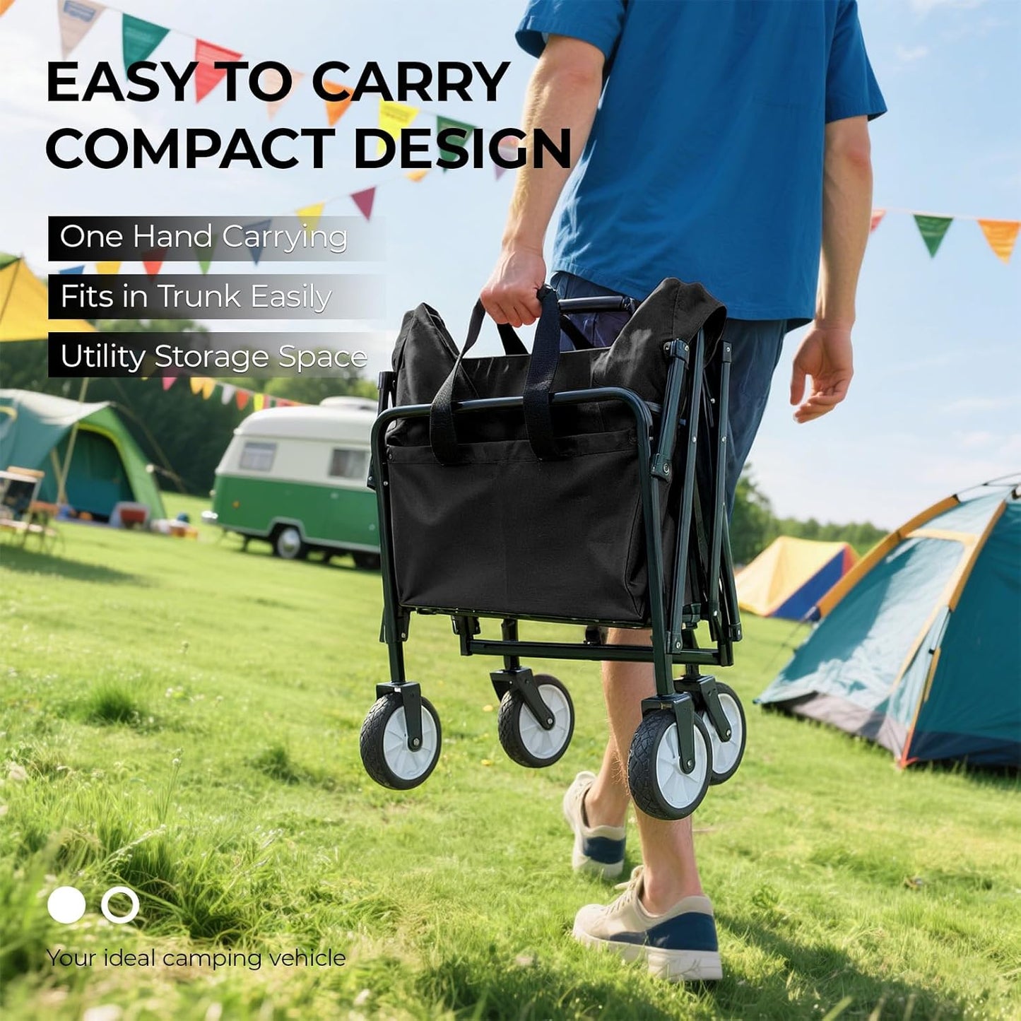 LAZY BUDDY Collapsible Folding Wagon 150 lbs Max Load, Heavy-Duty Portable Utility Shopping Cart, Lightweight Foldable Grocery Stroller, with 360° Wheels, Carry Bag, for Camping, Beach, Garden, Sports