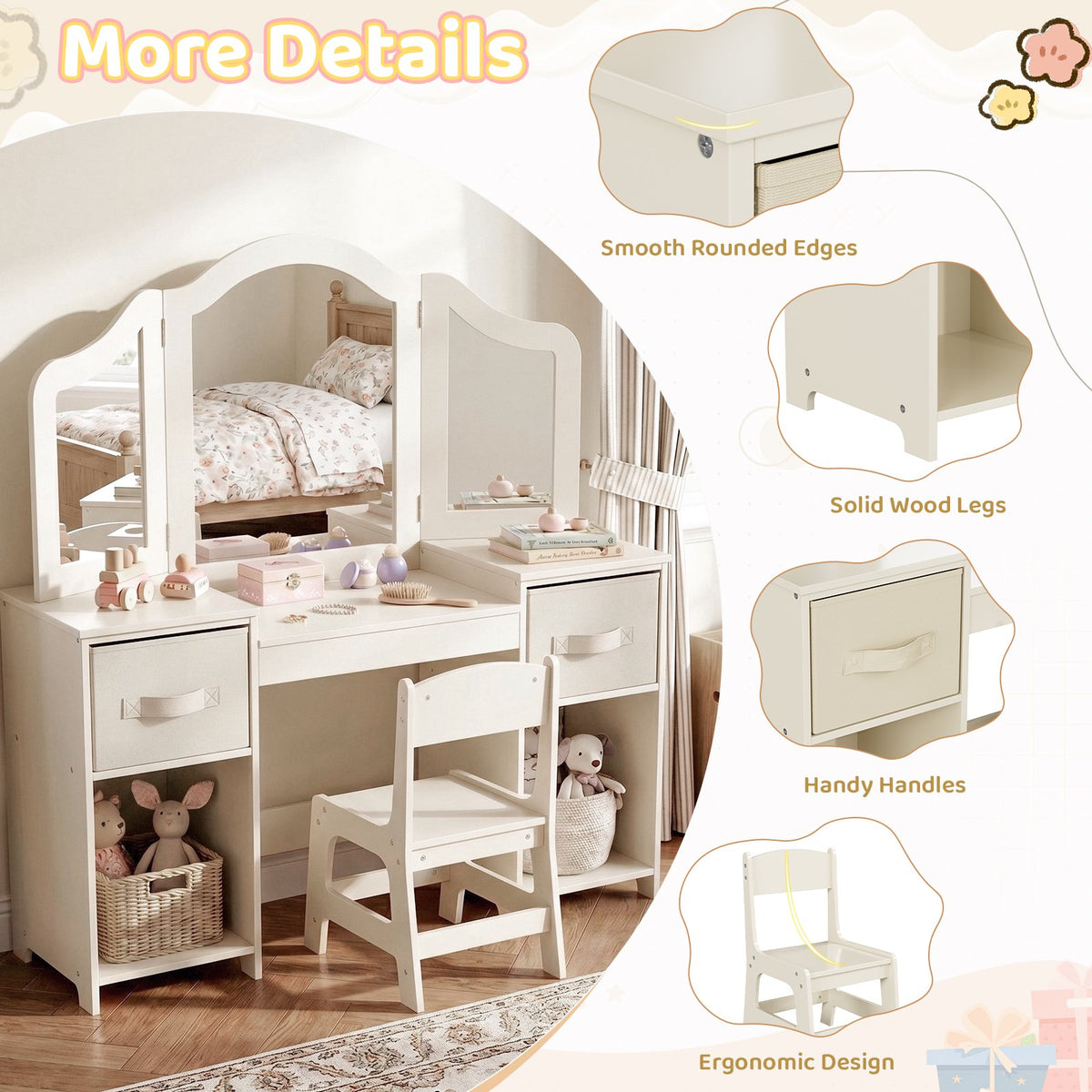 LAZY BUDDY Kids Vanity Set, 2 in 1 Princess Makeup Desk and Chair Set with Canvas Drawers Tri-Folding Detachable Mirror Large Storage Shelves, Wooden Dressing Table, Pretend Play Vanity Set