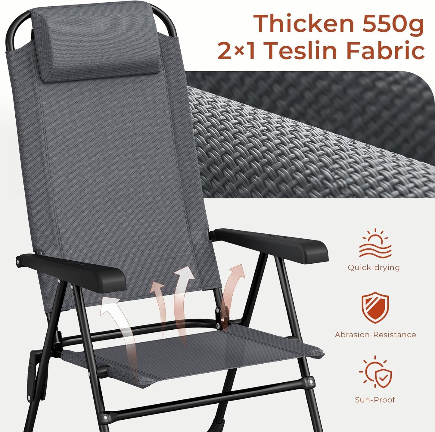 LAZY BUDDY Folding Patio Dining Chairs Set of 2/4 with Armrests, 5-Postion Adjustable Outdoor Chair with Removable Headrest for Deck, Lawn, Garden, Backyard