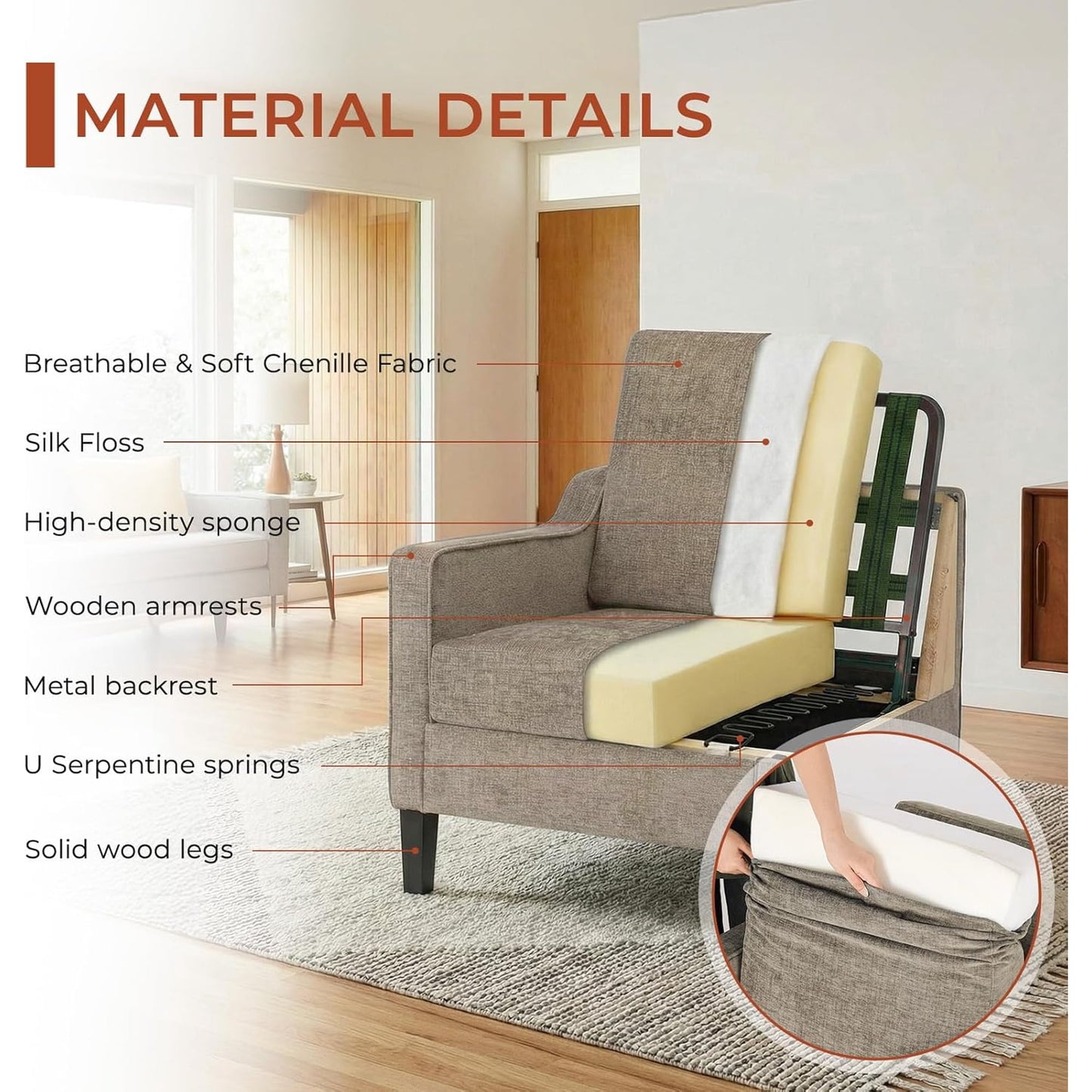 LAZY BUDDY Comfy Accent Chair for Living Room Bedroom and Waiting Room, Upholstered Mid-Century Reading Chair with Removable Cover & Wood Legs, Wide Singe Modern Lounge Sofa
