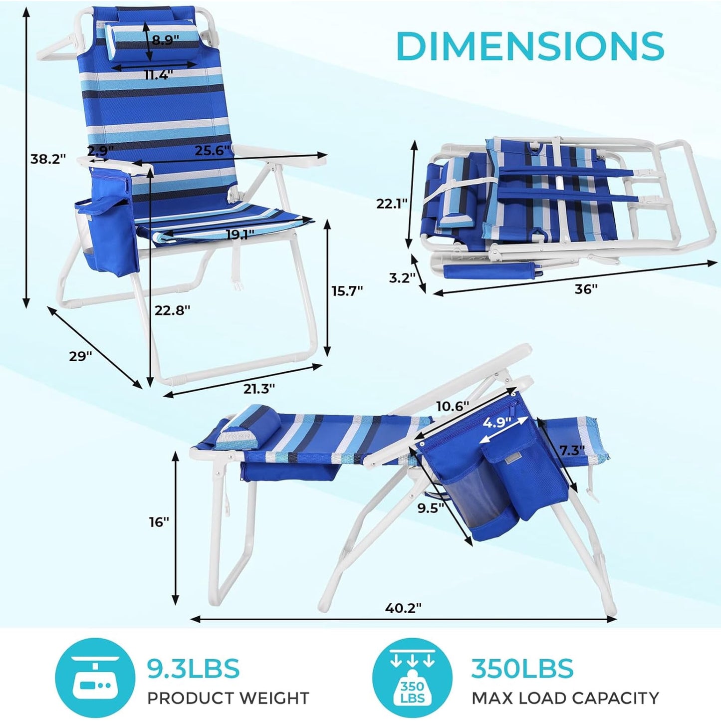 LAZY BUDDY 15.7'' Tall Backpack Beach Chairs for Adults, Portable Folding Beach Camping Chair, 1 Pack