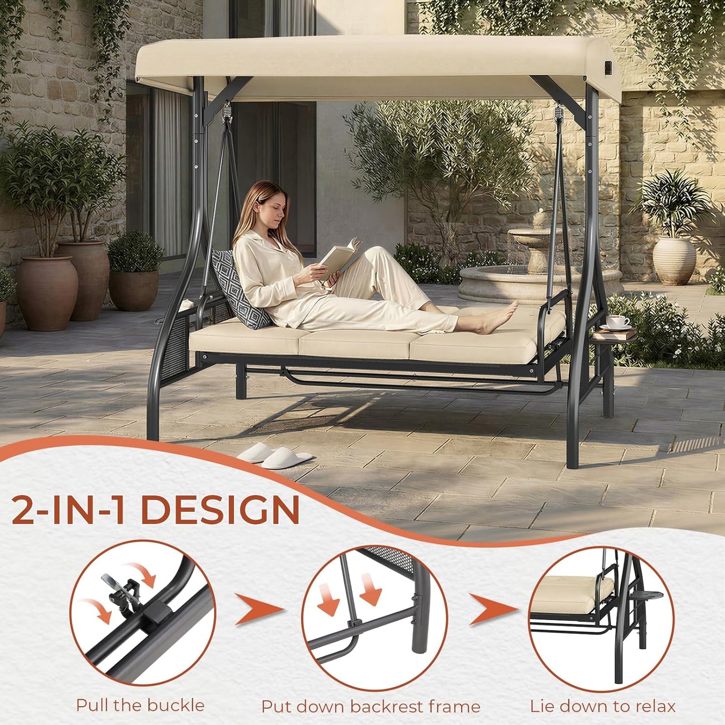 LAZY BUDDY Outdoor Porch Swing with Canopy and Stand, 3 Person Patio Swing for Adults, Convertible 2 in 1 Porch Swing Bed with Cup Holder, 750lbs