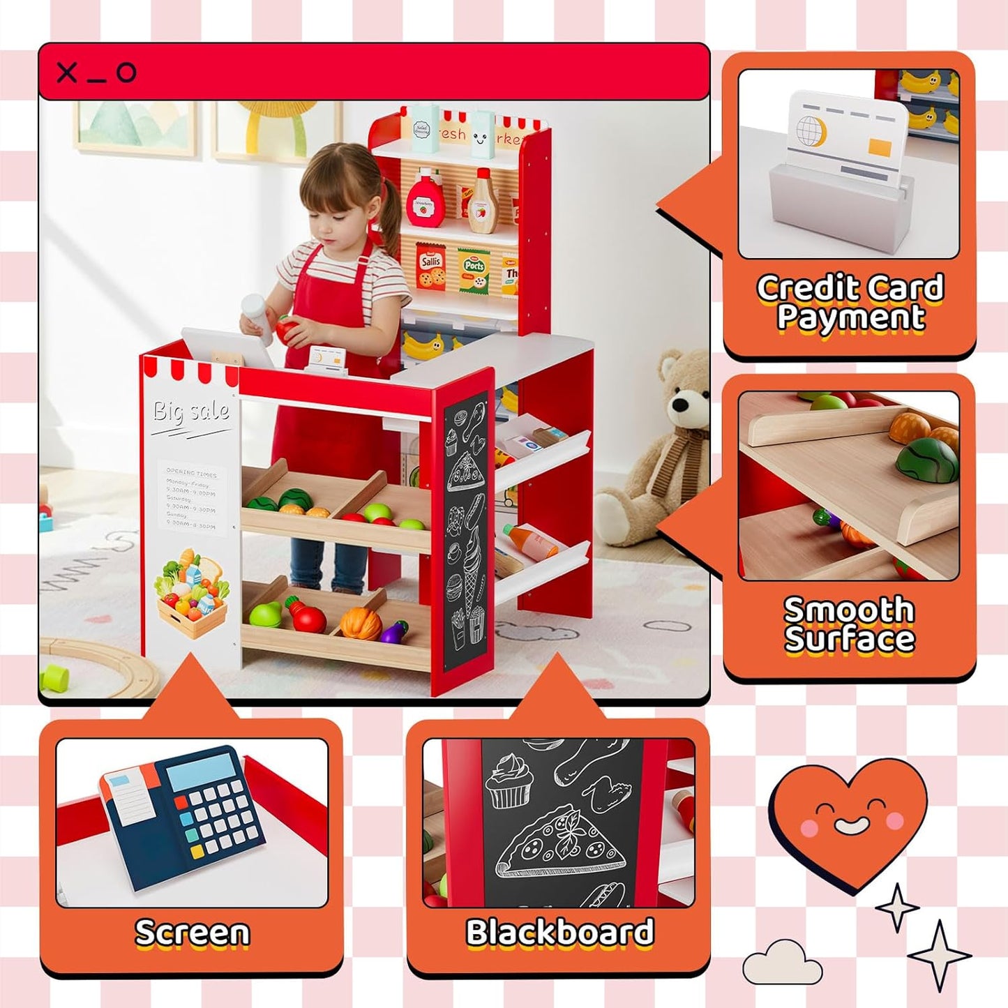 LAZY BUDDY Kids Grocery Store Playset, Wooden Pretend Play Store with 19pcs Accessories, Cash Register, Chalkboard, Interactive Toy for Toddlers 3+