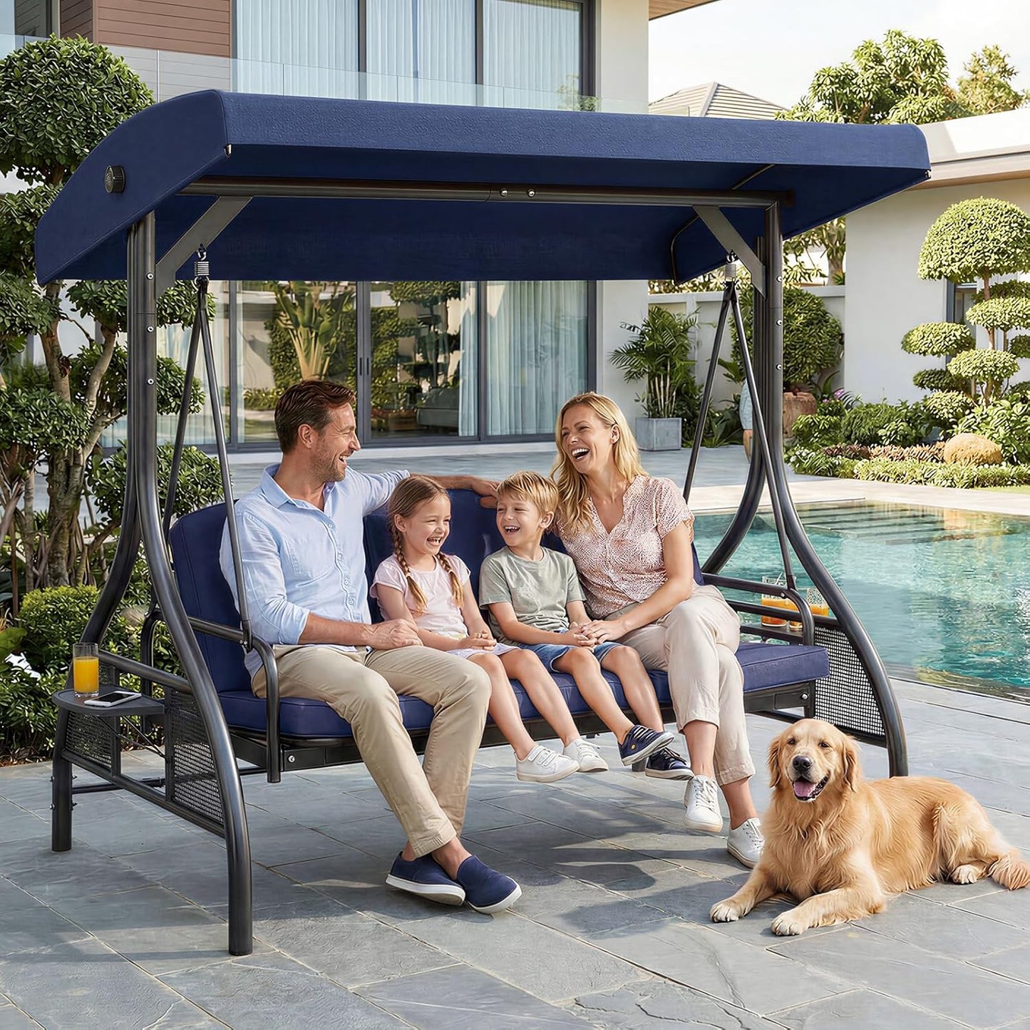 LAZY BUDDY Outdoor Porch Swing with Canopy and Stand, 3 Person Patio Swing for Adults, Convertible 2 in 1 Porch Swing Bed with Cup Holder, 750lbs