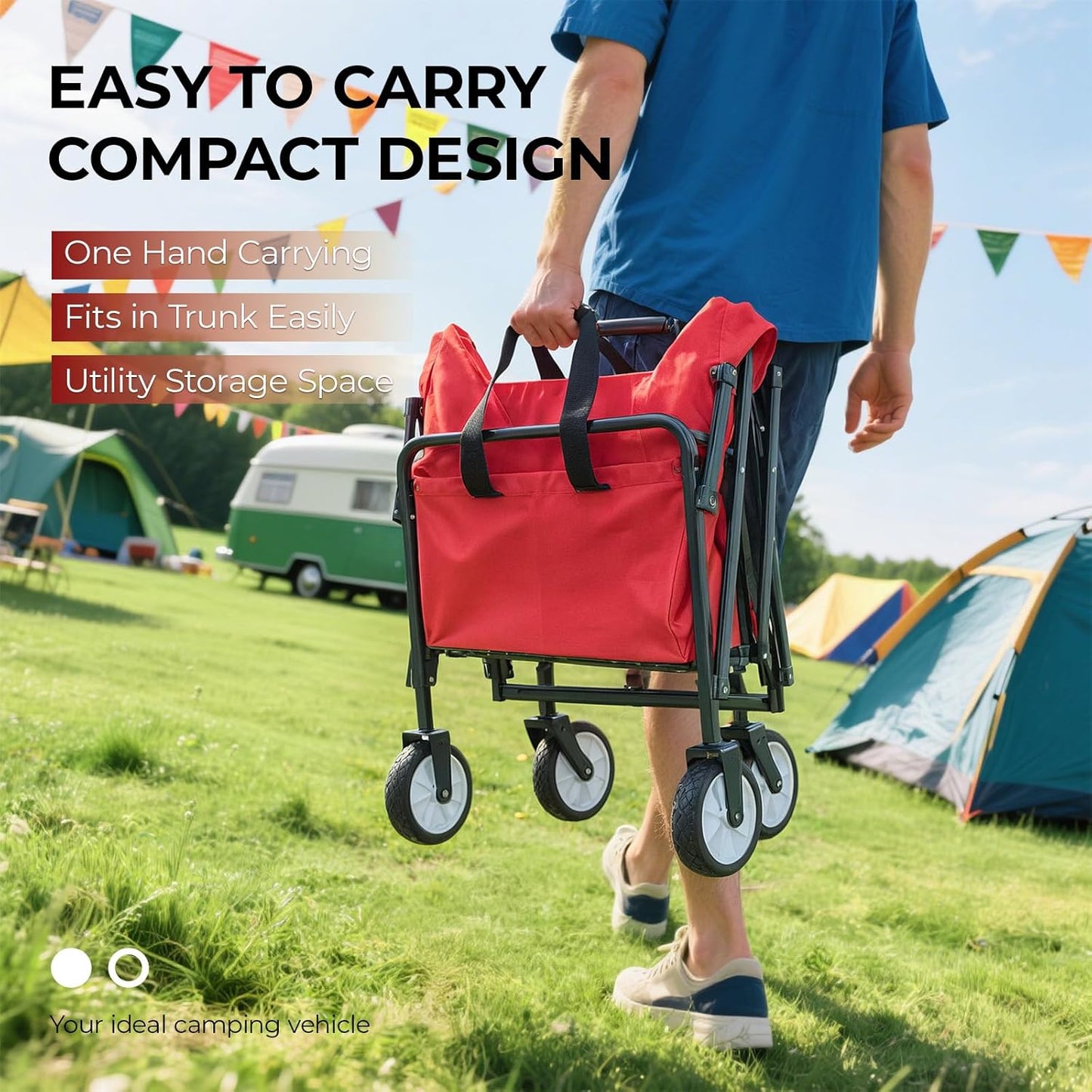 LAZY BUDDY Collapsible Folding Wagon 150 lbs Max Load, Heavy-Duty Portable Utility Shopping Cart, Lightweight Foldable Grocery Stroller, with 360° Wheels, Carry Bag, for Camping, Beach, Garden, Sports